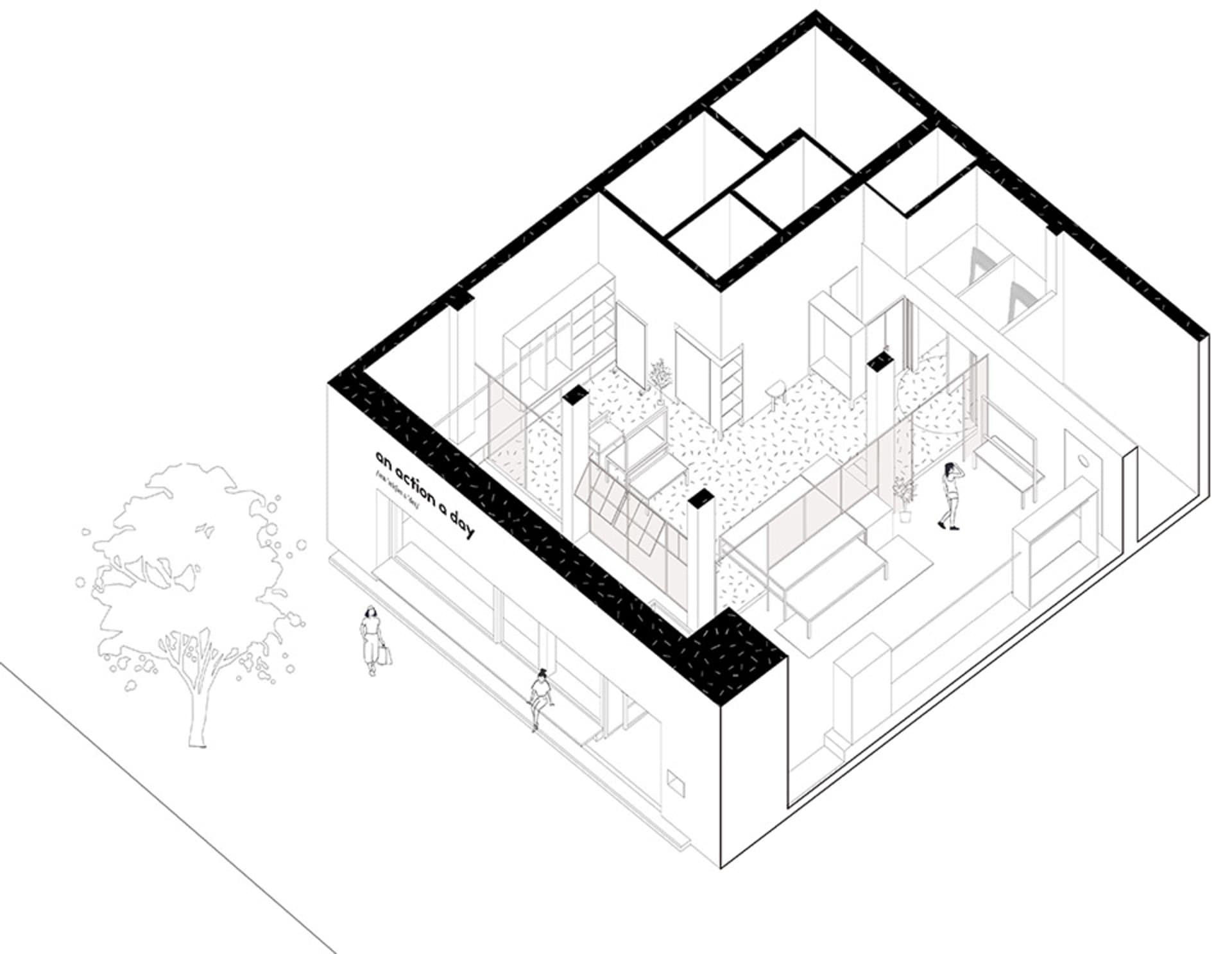 現代室內空間的2D建築圖，展示各個房間與區域。