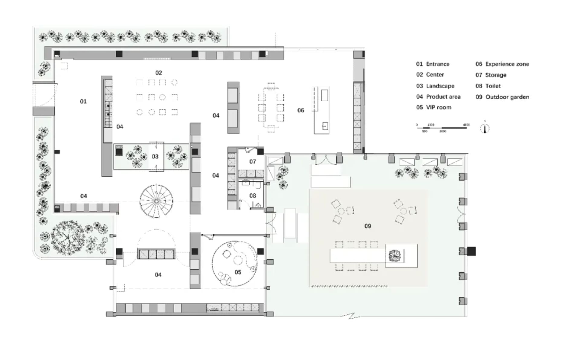 Modern office space with a central meeting area, product display areas, and outdoor garden.