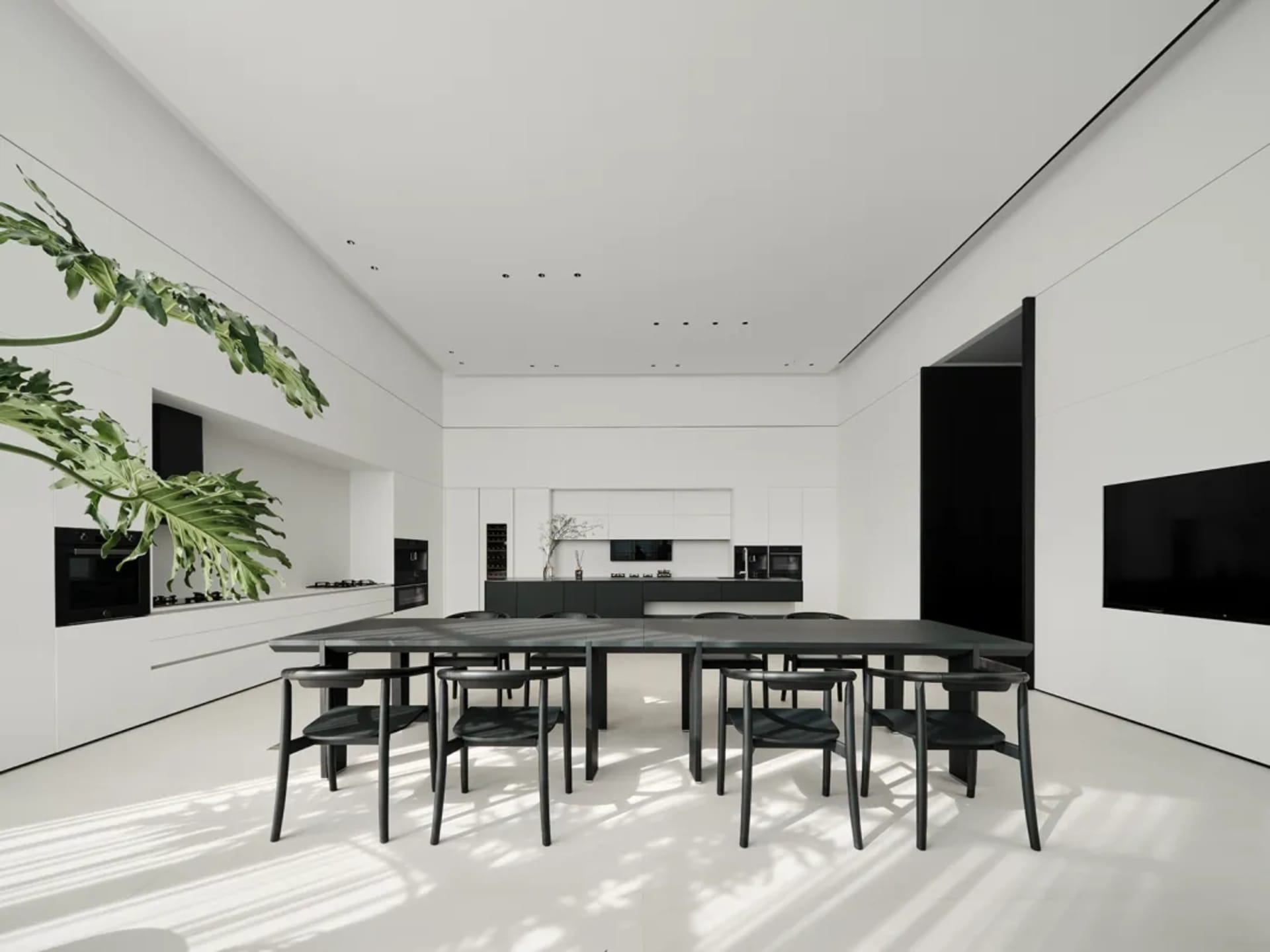 Modern living room with concrete flooring and minimalist furniture.