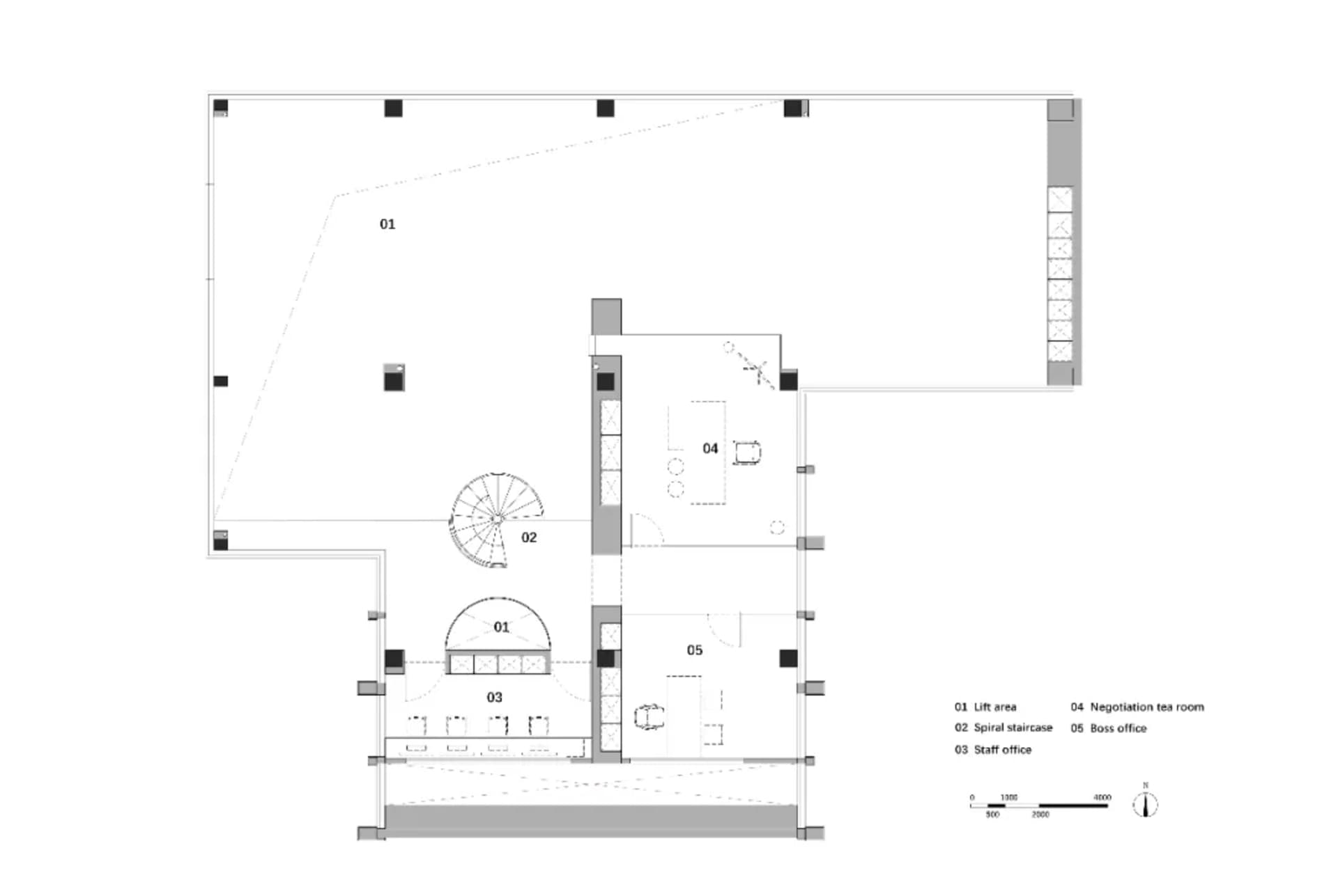 Floor plan of a modern commercial office space with minimalist design elements