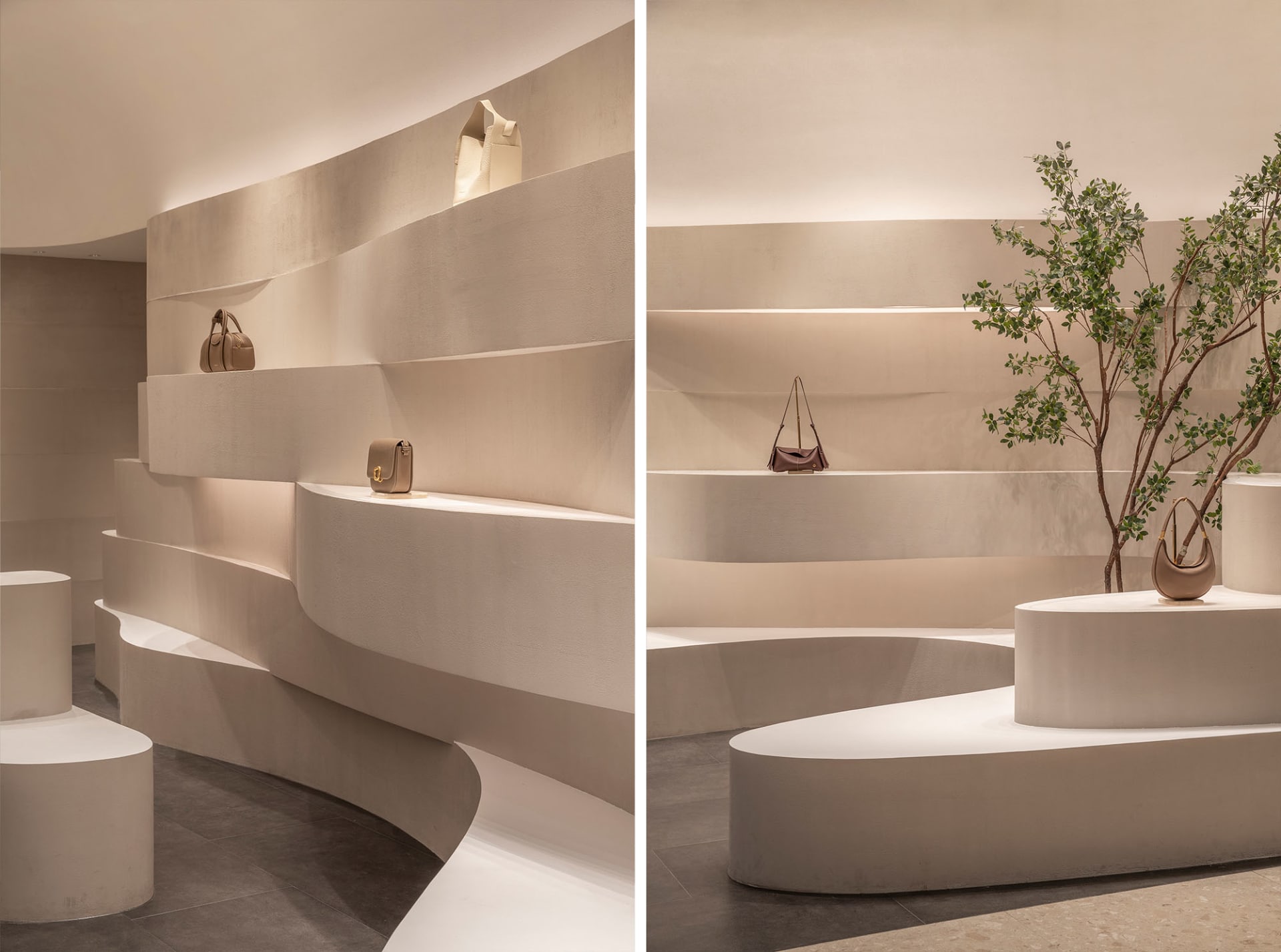 Modern retail storefront with concrete walls and minimalist design.