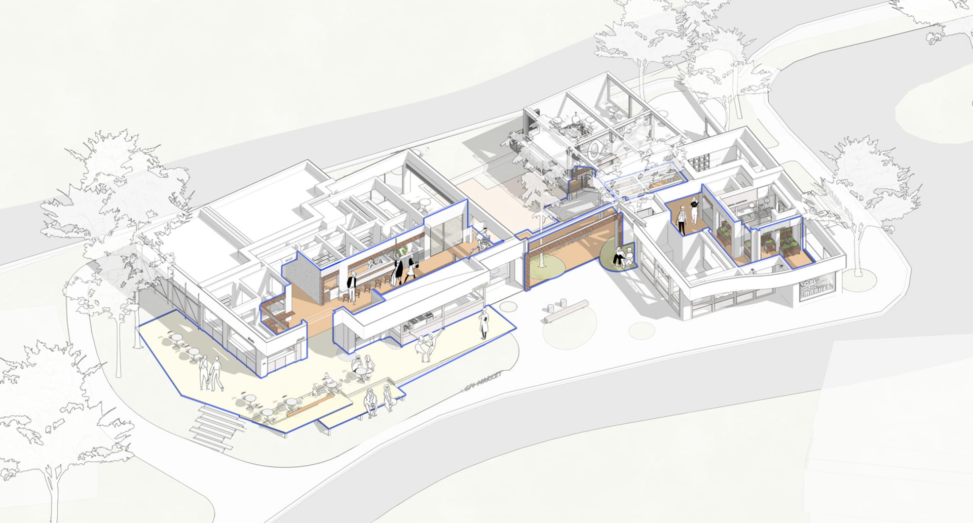 現代辦公空間的2D建築圖，搭配大理石地板、玻璃牆與混凝土元素。