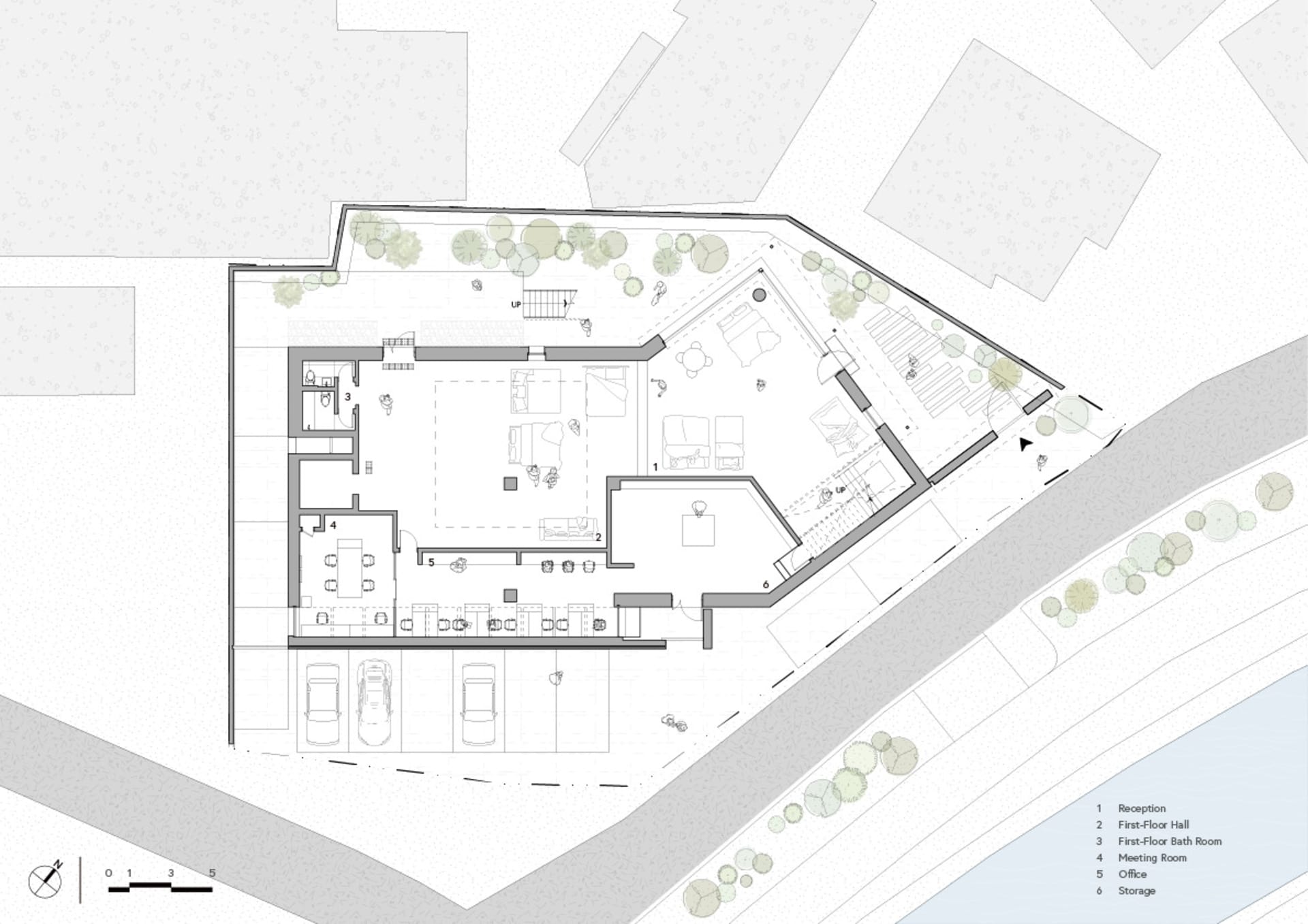 現代辦公空間的詳細建築藍圖，展現混凝土與玻璃元素。