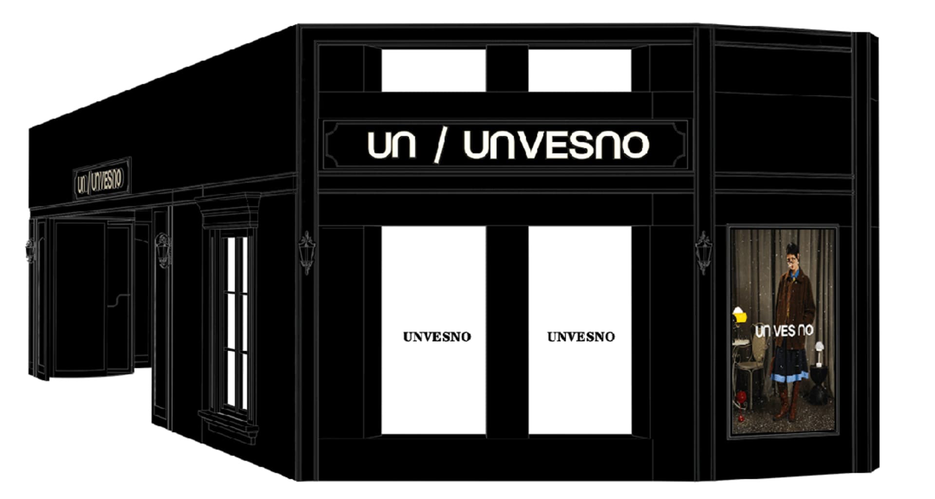 A black storefront with a large window showcasing clothing and accessories.