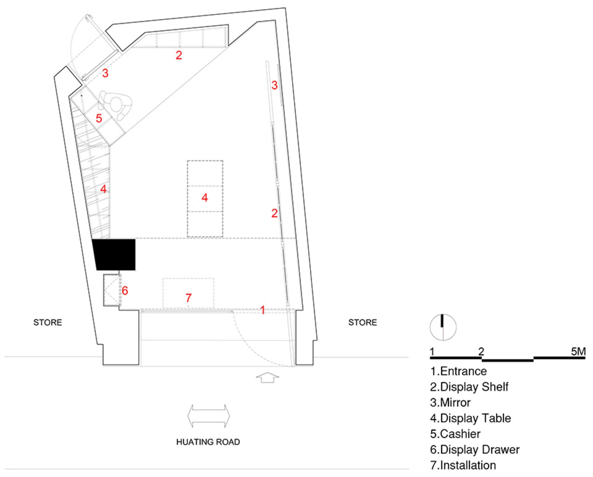 Plan of a modern retail store with concrete and glass interior elements, featuring a display shelf, display table, and cashie