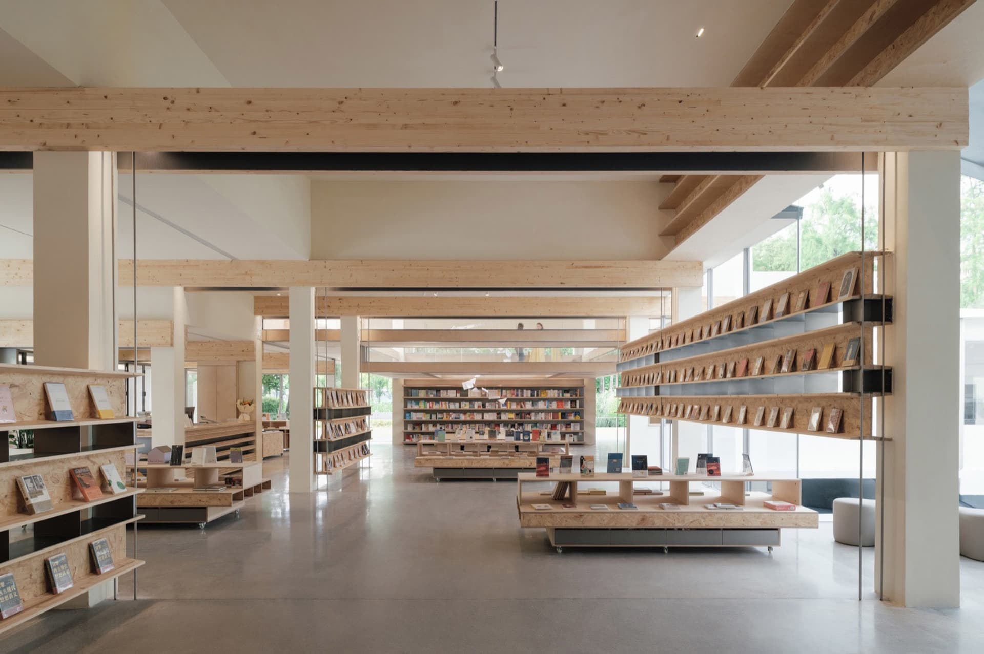 A spacious, minimalist library with wooden shelves and numerous books.