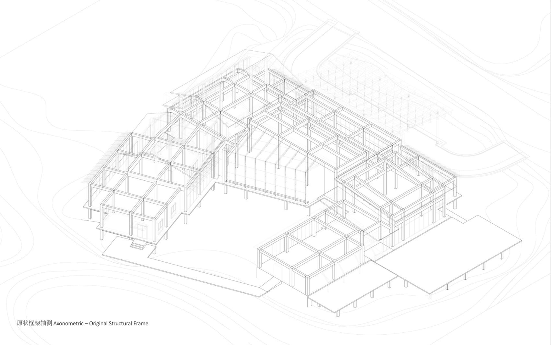 An architectural floor plan showing the original structural frame of a building.