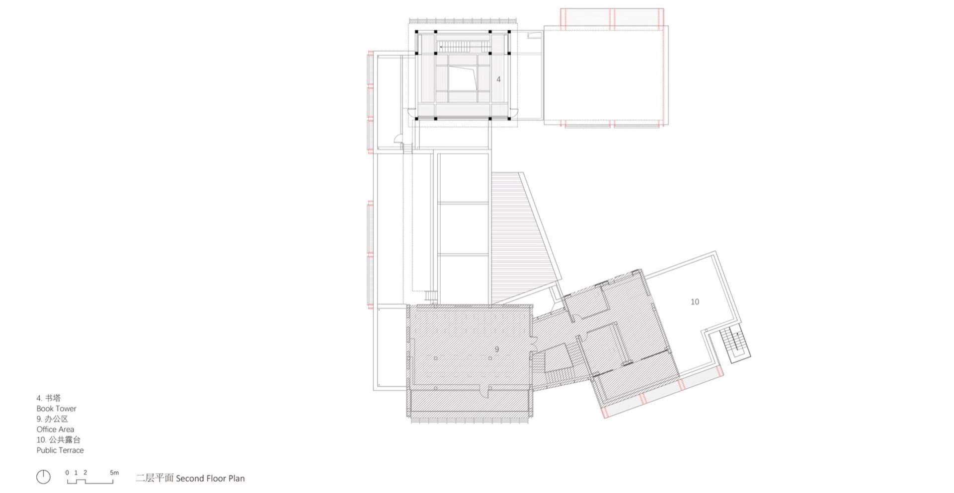 現代建築二樓的建築平面圖，展示功能分區與空間構成。