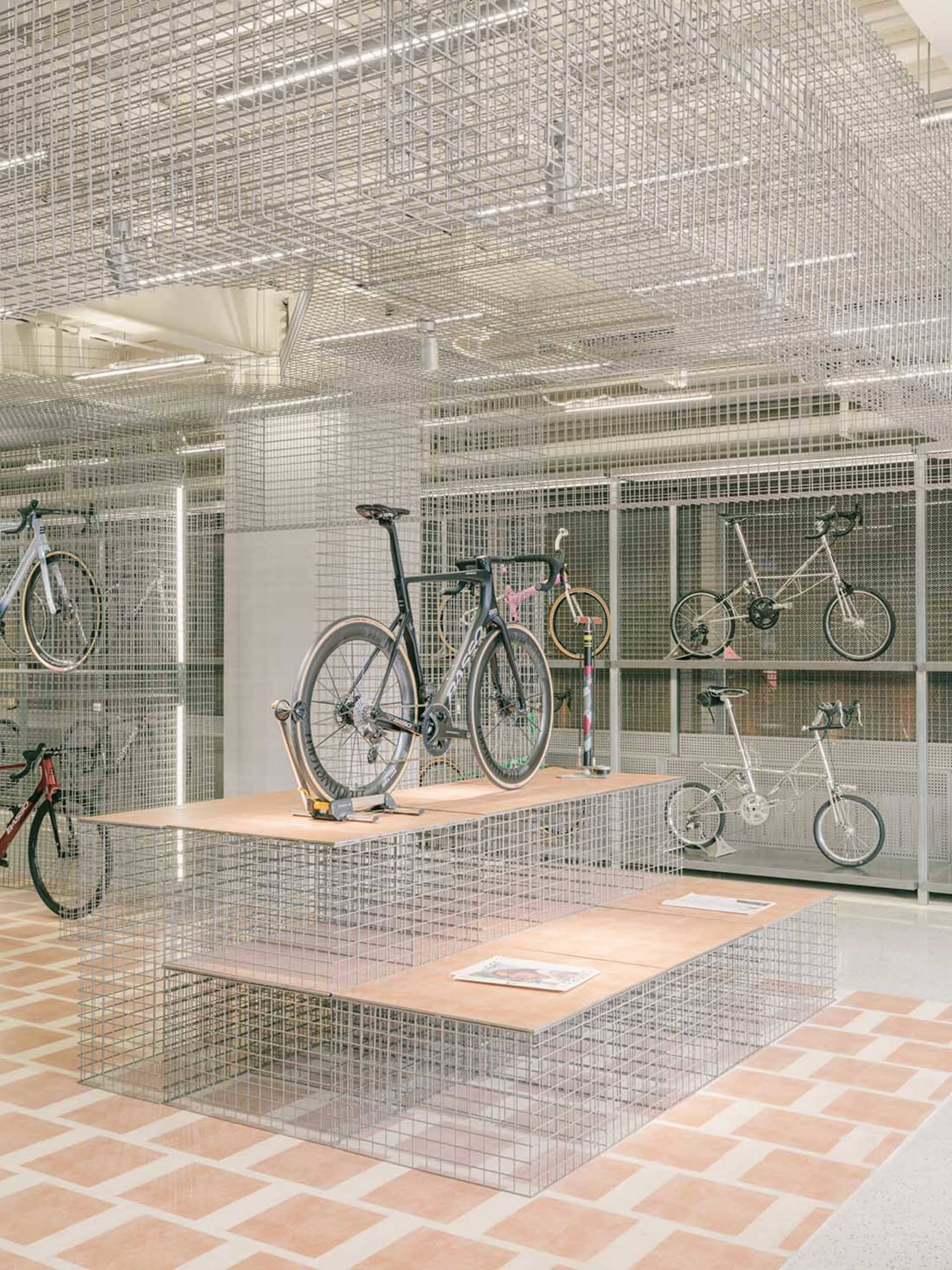 Bicycle shop with metal wire shelves displaying bicycles.