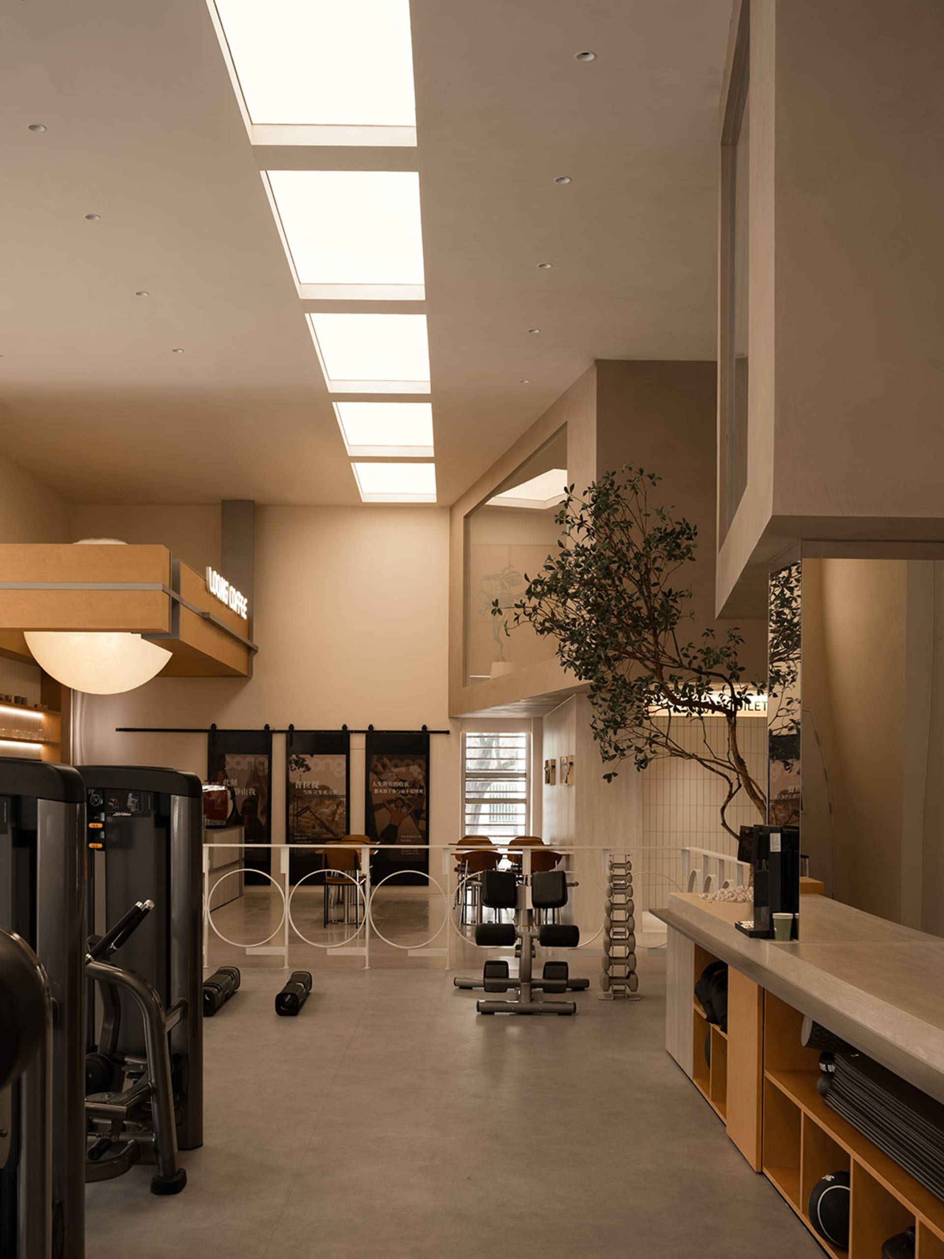An interior view of a modern fitness center with contemporary design features and equipment.