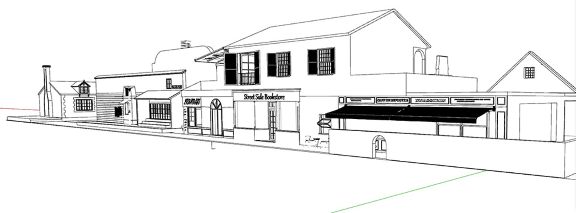 黑白素描的街景,展示一間帶有遮陽篷與百葉窗的店面。