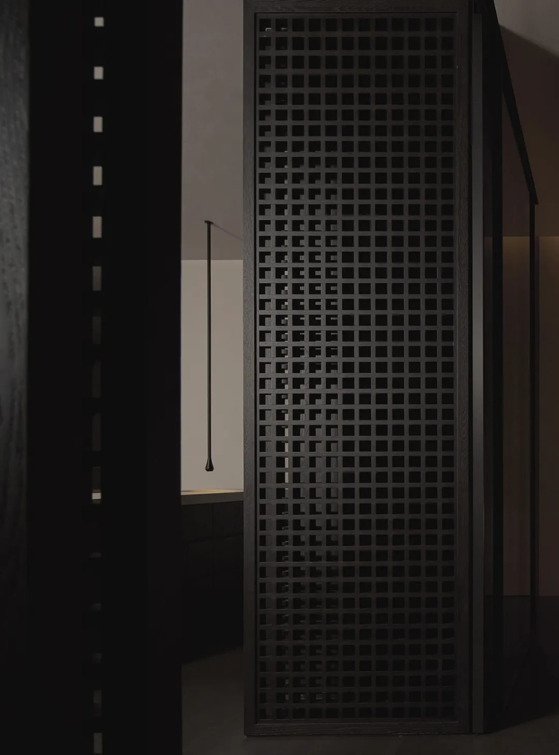A modern interior space featuring a black grid-patterned wooden door, creating a minimalist and sleek aesthetic.