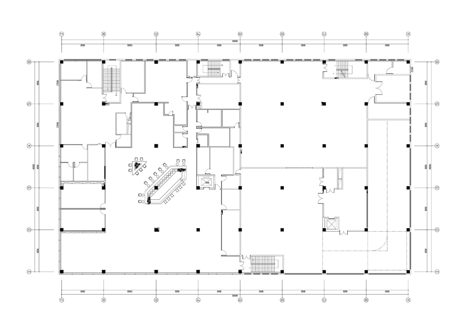 一張詳細的2D建築圖,描繪現代辦公室平面配置,搭配混凝土地板與裸露環境。