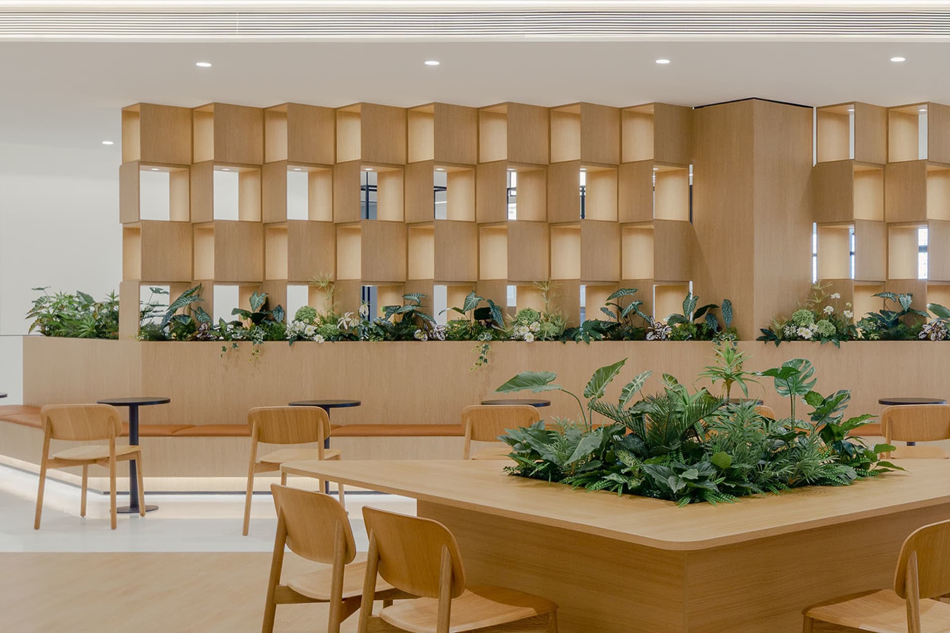 A modern cafeteria with wooden furniture and vegetation.