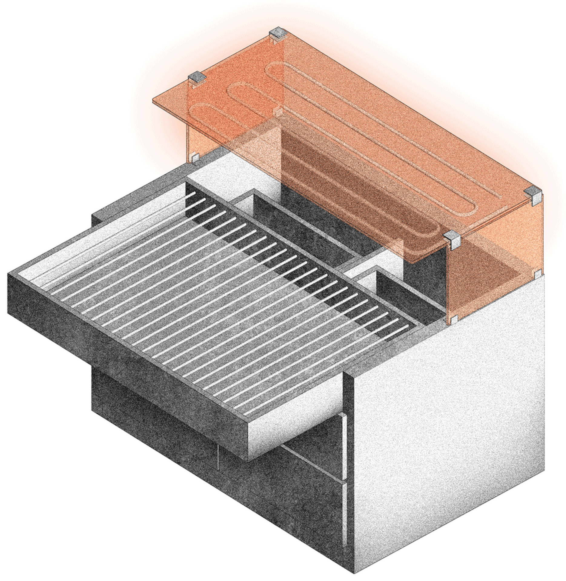 A black and white rendering of an industrial grill unit made of metal.