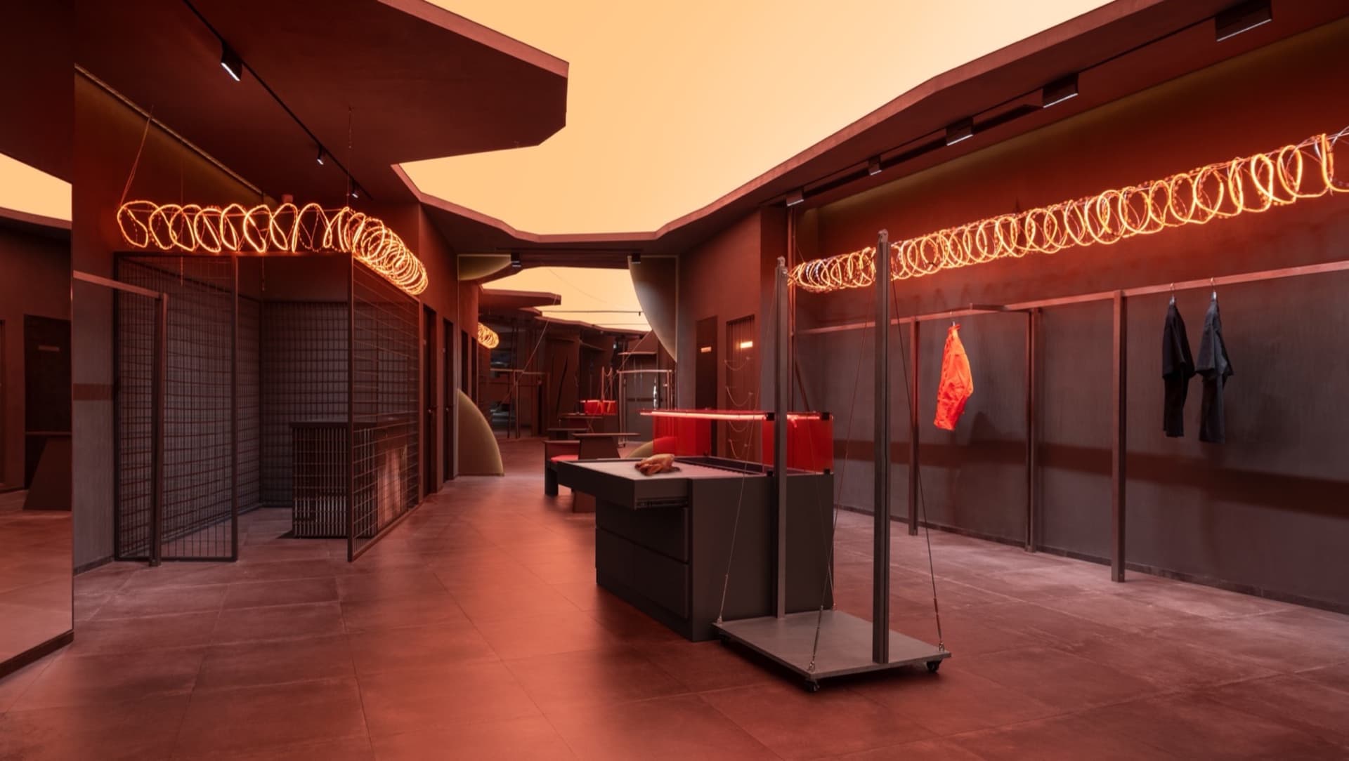 An industrial-themed retail space with metal elements.
