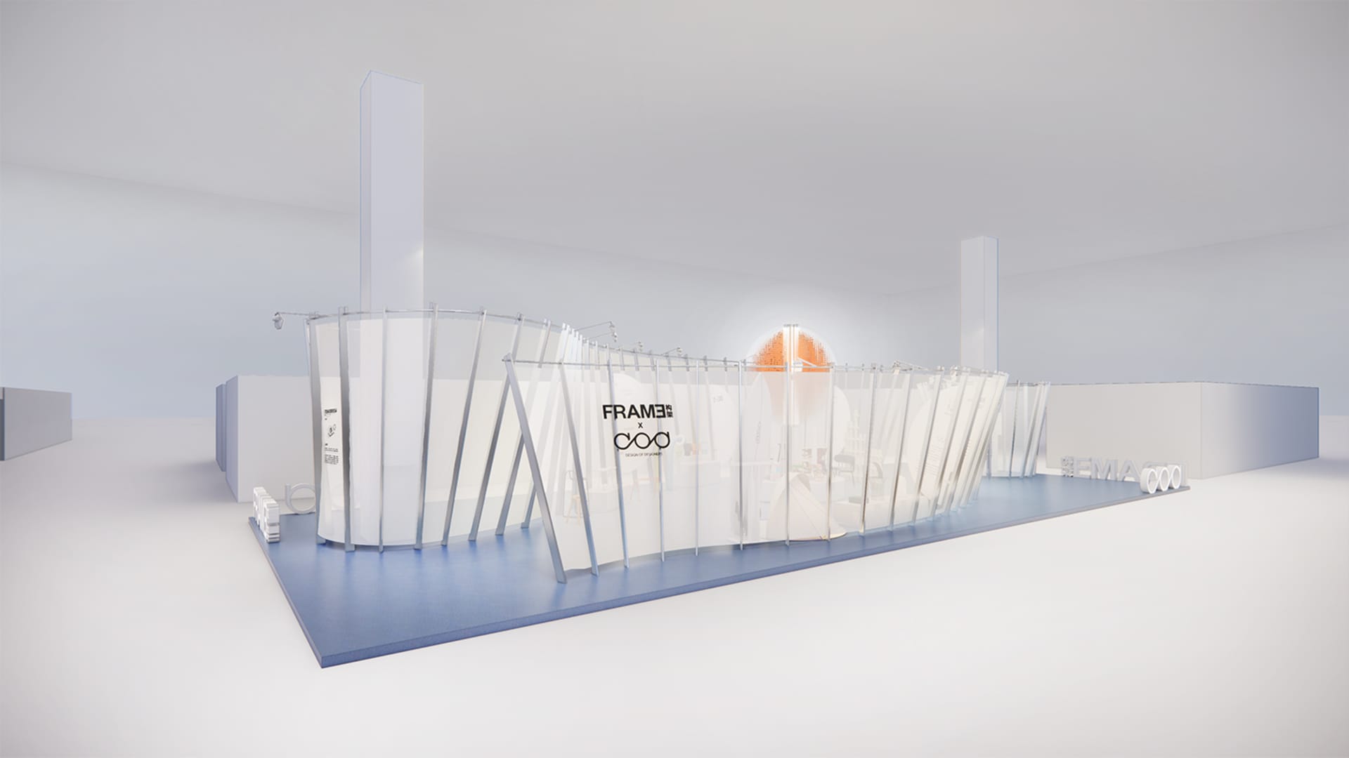 Modern retail environment featuring glass and metal elements with illuminated lighting.