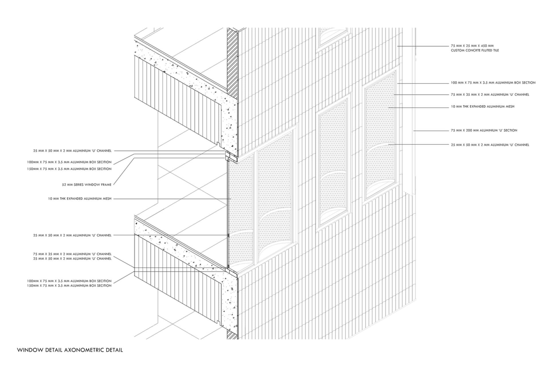 現代建築外觀的詳細建築圖,展現鋁材與混凝土材質。