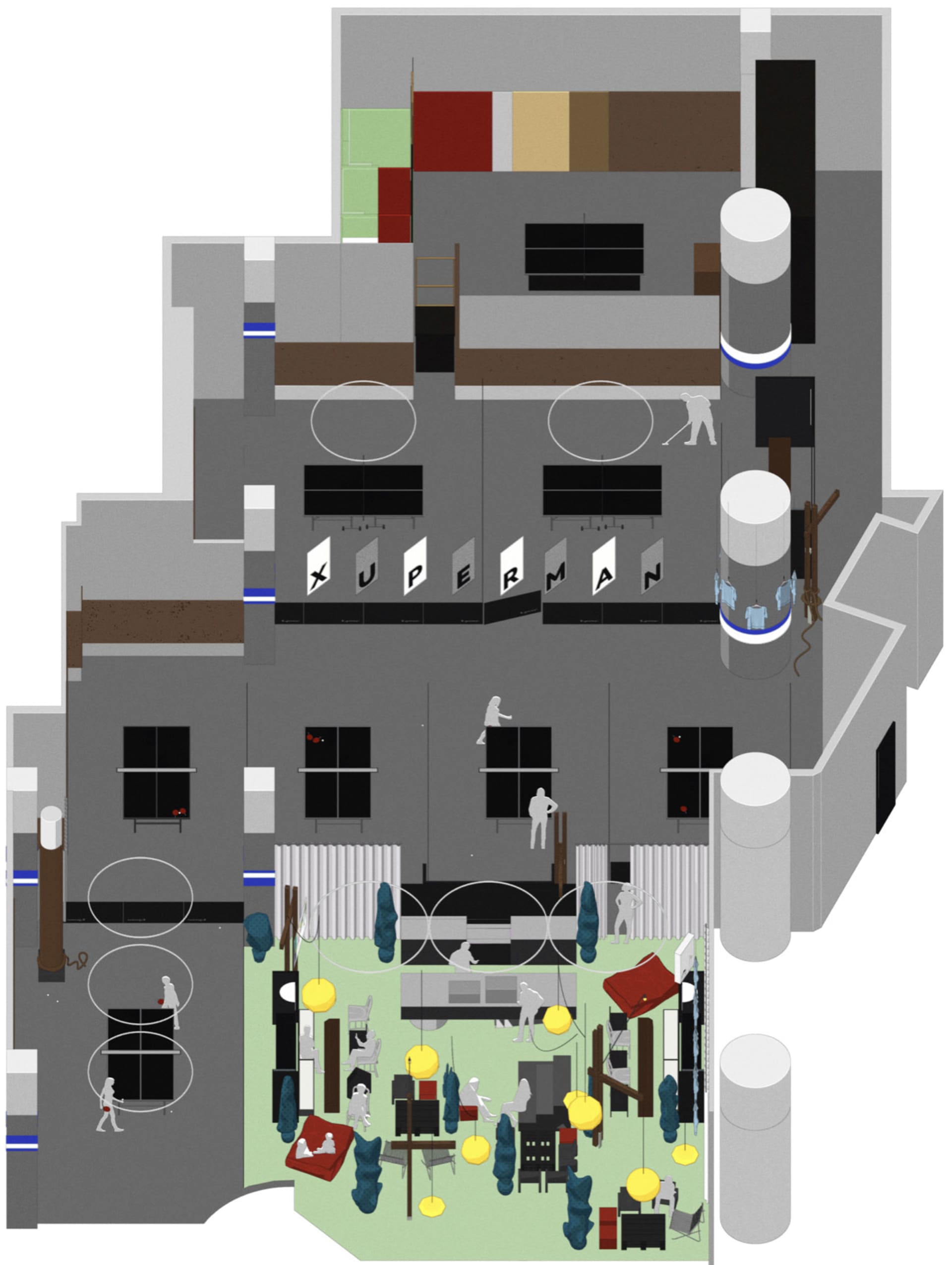 A detailed 2D architectural drawing of a modern office space, including various functional zones and materials.