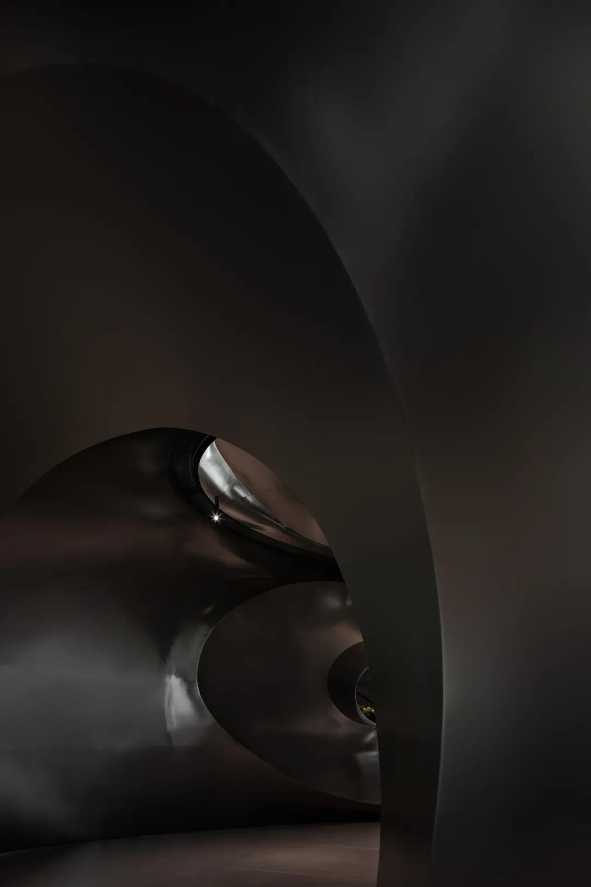 A curved, metallic architectural interior with dark, smooth surfaces