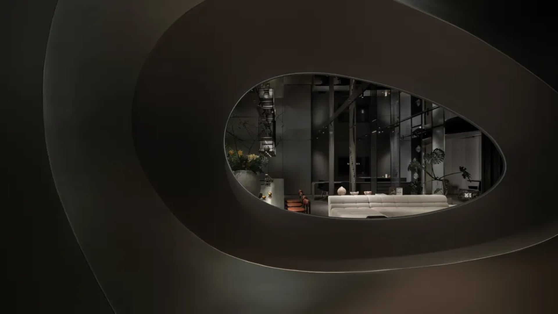 現代簡約客廳,採用混凝土與金屬材質,搭配當代白色沙發與工業風格
