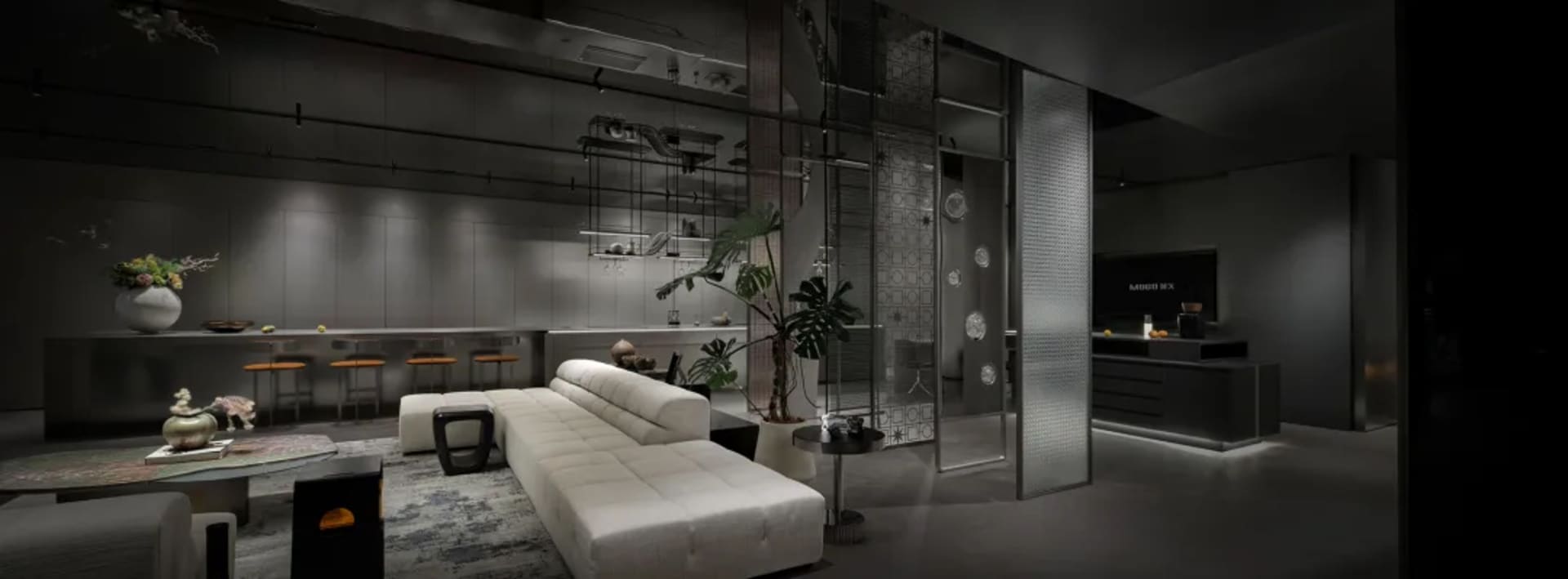 Minimalist living room with white furniture, metallic accents, and wood elements.