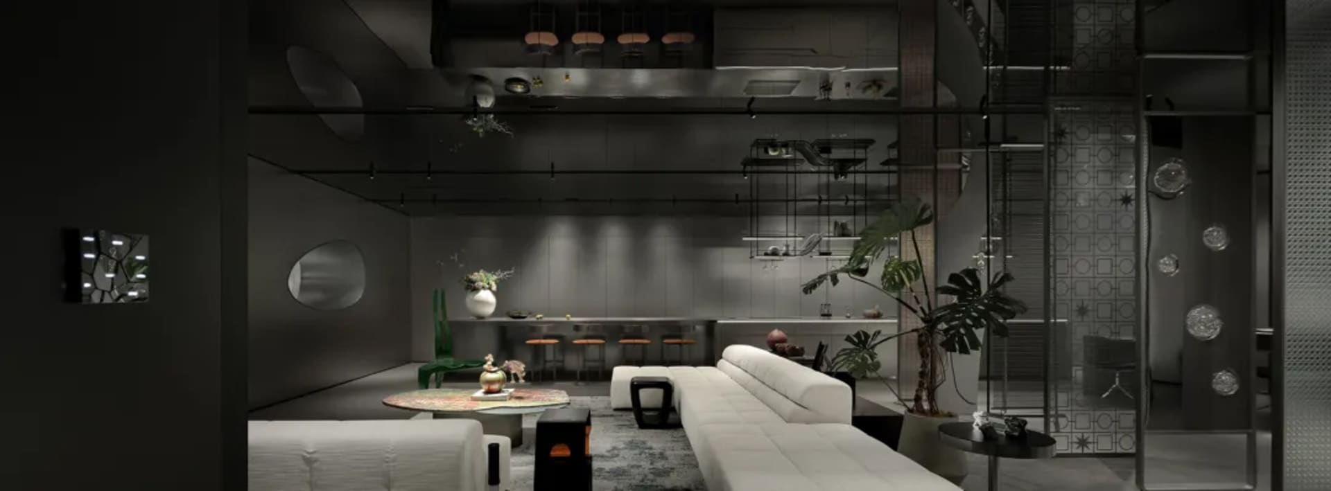 A modern living room with a white sofa and black coffee table.
