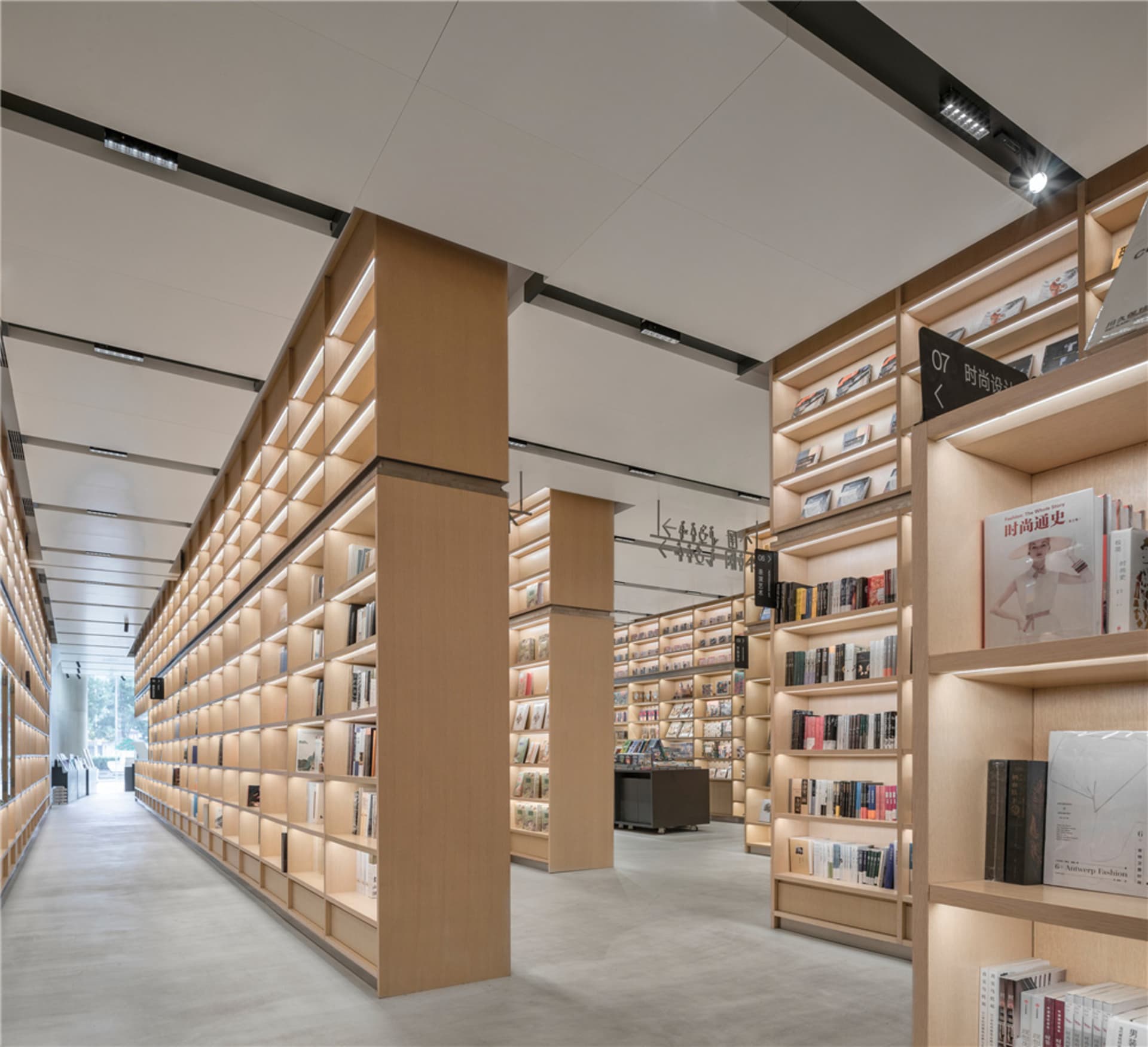 現代極簡風格的圖書館，配有充滿書籍的木質書架。