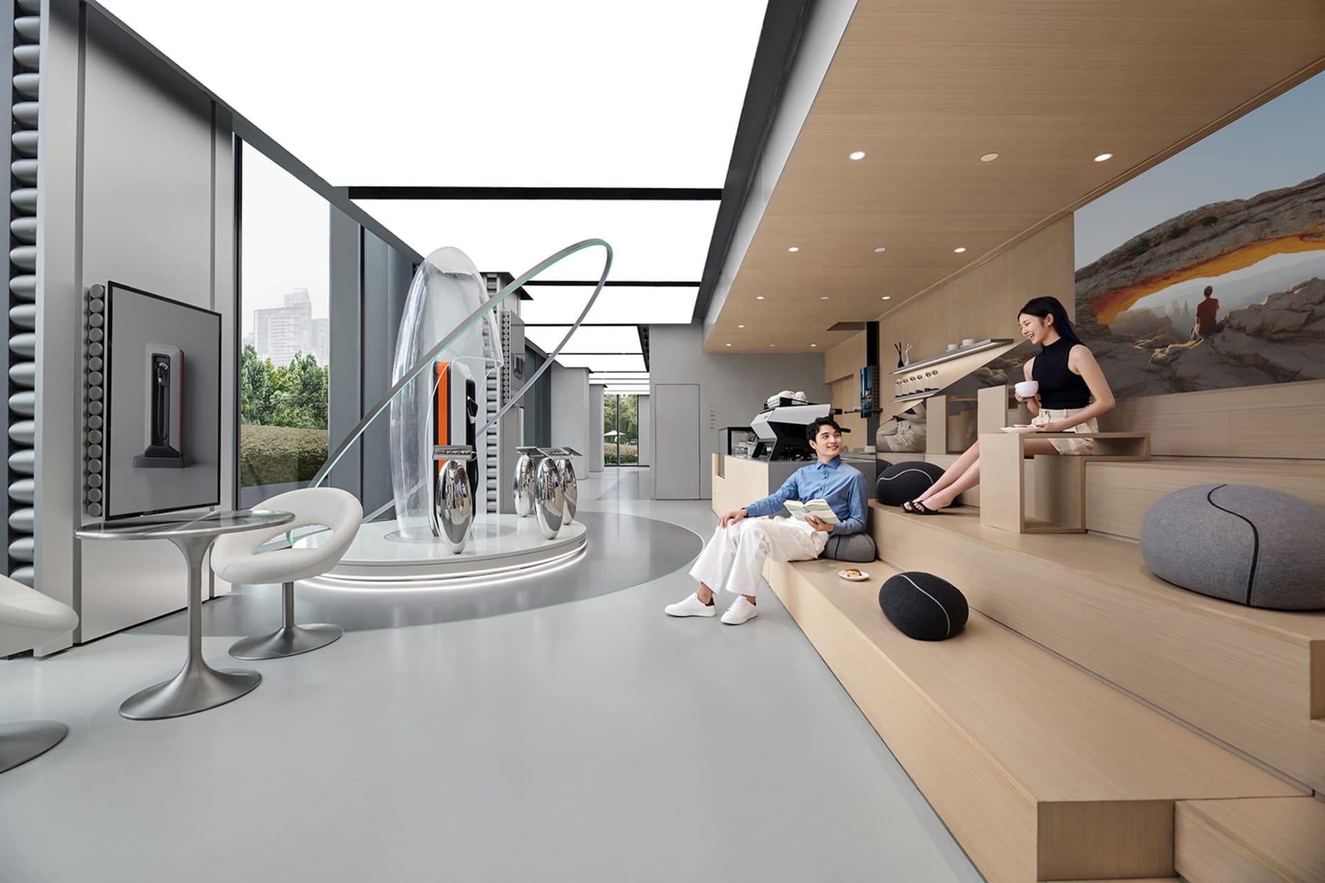 Interior of a modern coffee shop with glass walls, wooden seating, and concrete finishes.