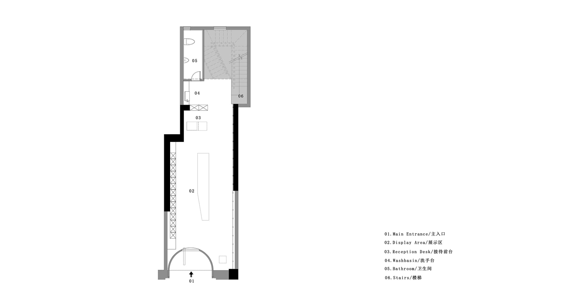一張灰階建築平面圖,展示間內有混凝土牆面與樓梯。