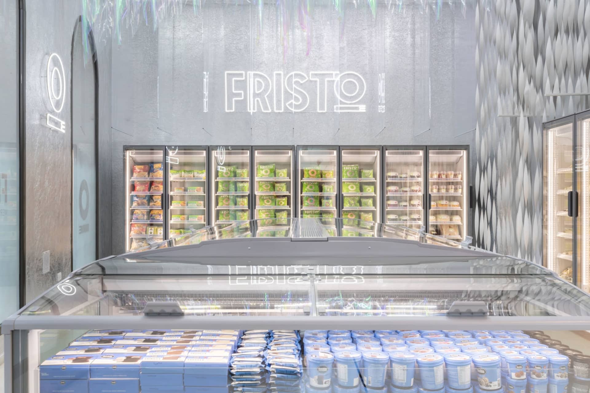 Metallic retail store interior with neon lights