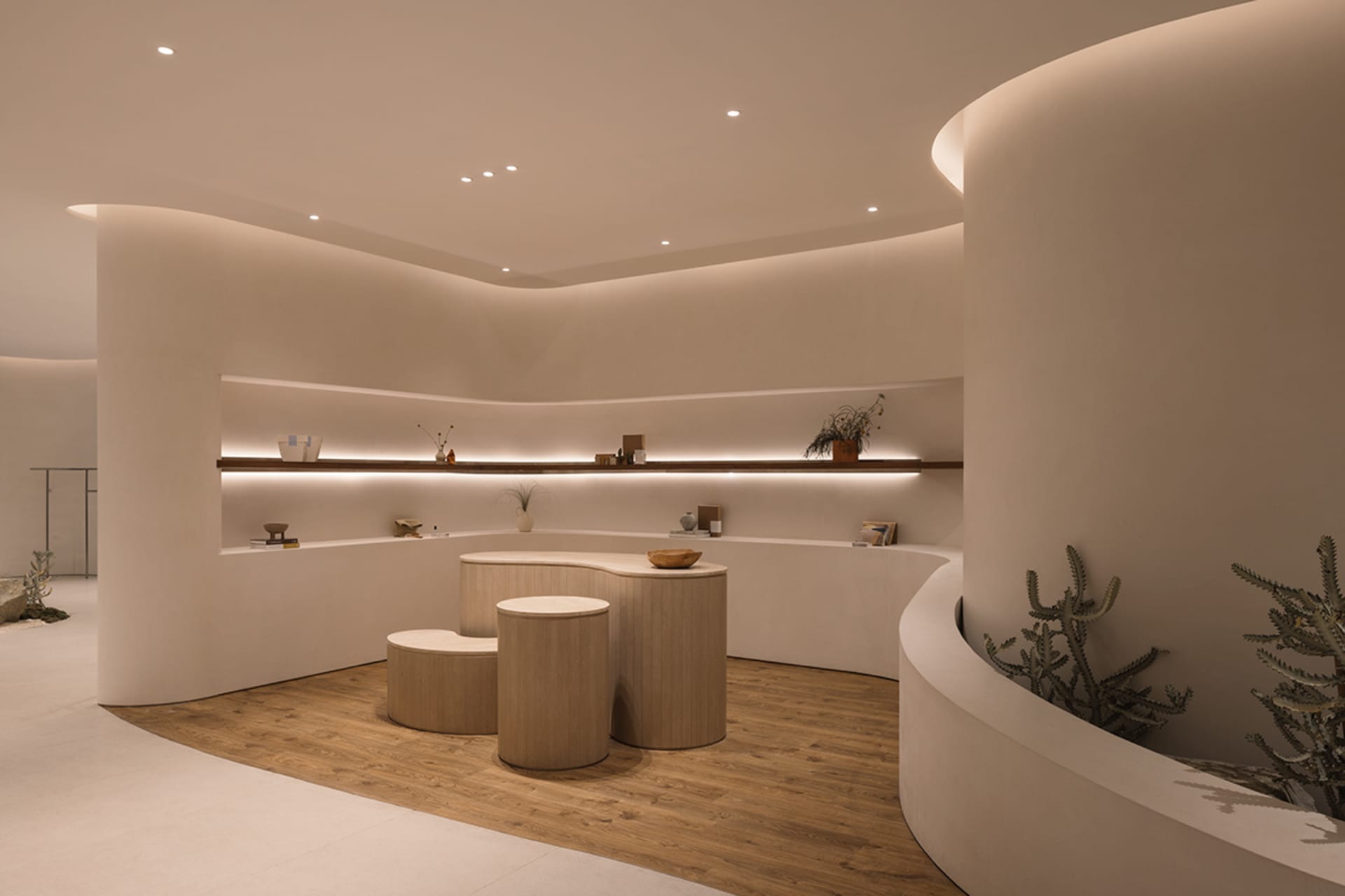 Modern retail storefront featuring wooden and concrete elements