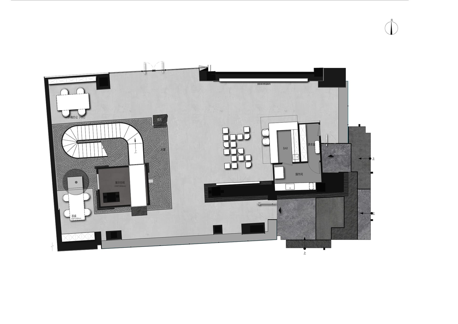 An overhead view of a modern office space with a concrete floor plan.