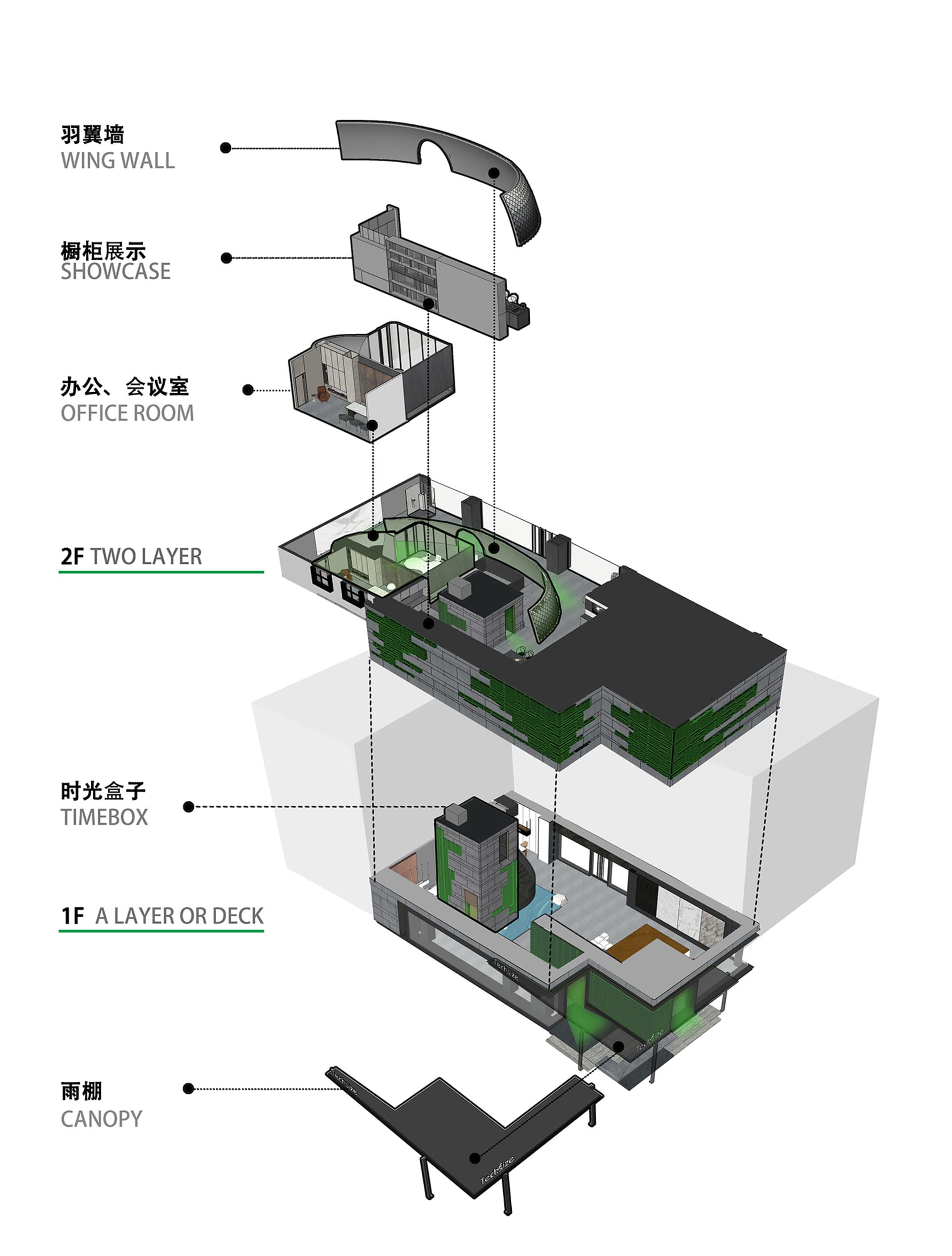 現代辦公空間渲染圖，展現當代建材與設計元素。