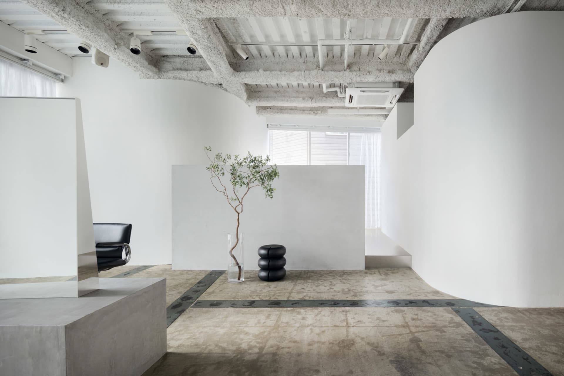 A minimalist interior space with concrete walls and floor, featuring a single tree in a glass vase and a black cushioned benc