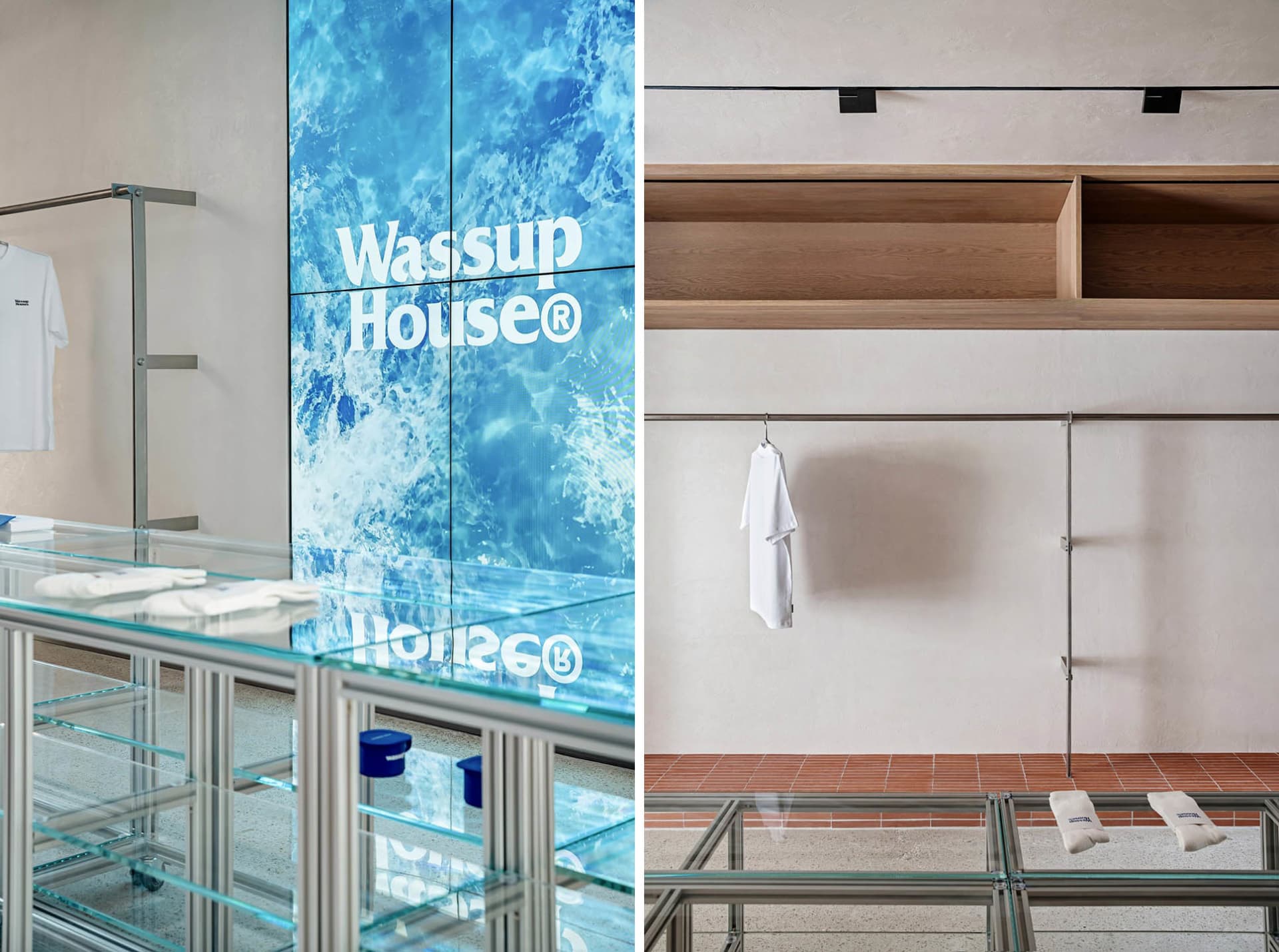 Minimalist storefront with glass vitrines, metal railings, and wooden shelves featuring a water-themed background wall.