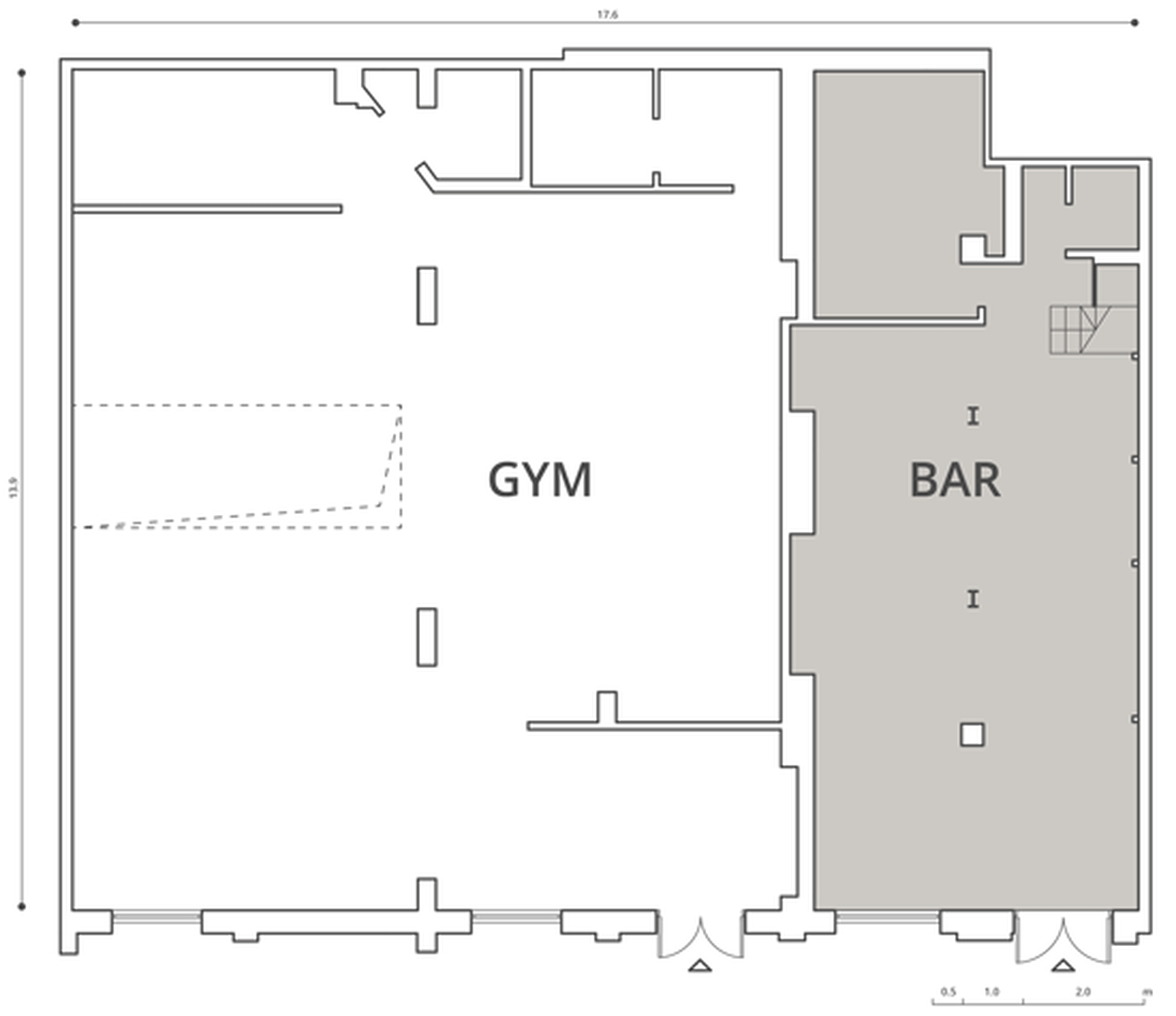 Floor plan of a gym and bar layout on paper
