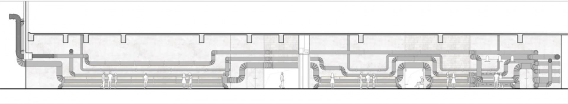 一張詳細的工業風室內建築圖,展示複雜的通風與機械管線網絡