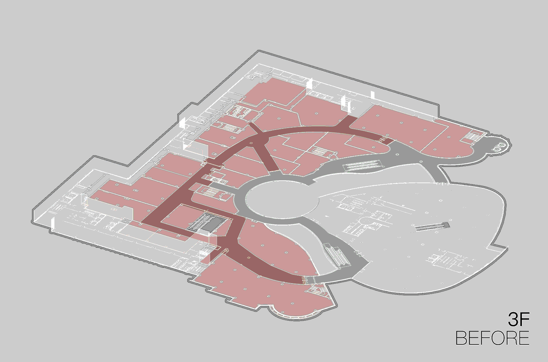 Gray-scale architectural layout of a 3D-rendered floor plan, with sections shaded in red, showing before state.