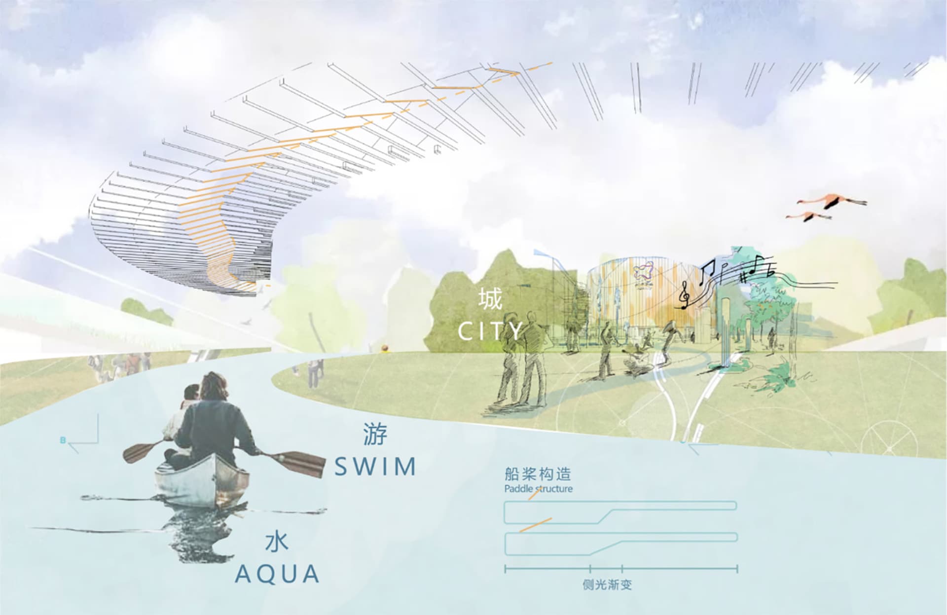 A rendering of an aquatic culture center featuring a large, transparent building with a wooden exterior and a boat on water.