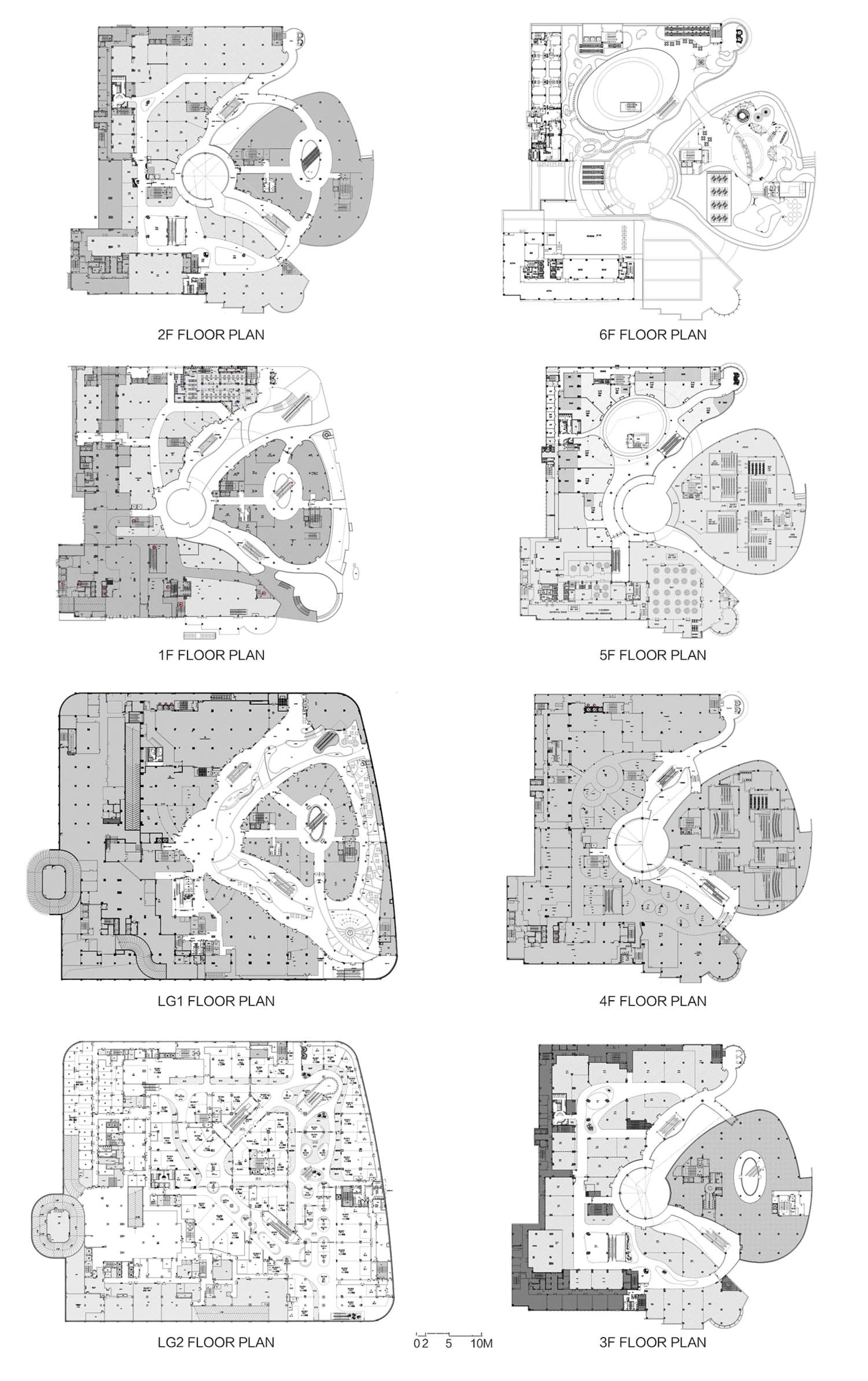 Detailed architectural floor plans for different levels of a commercial building, showcasing the layout and design of various