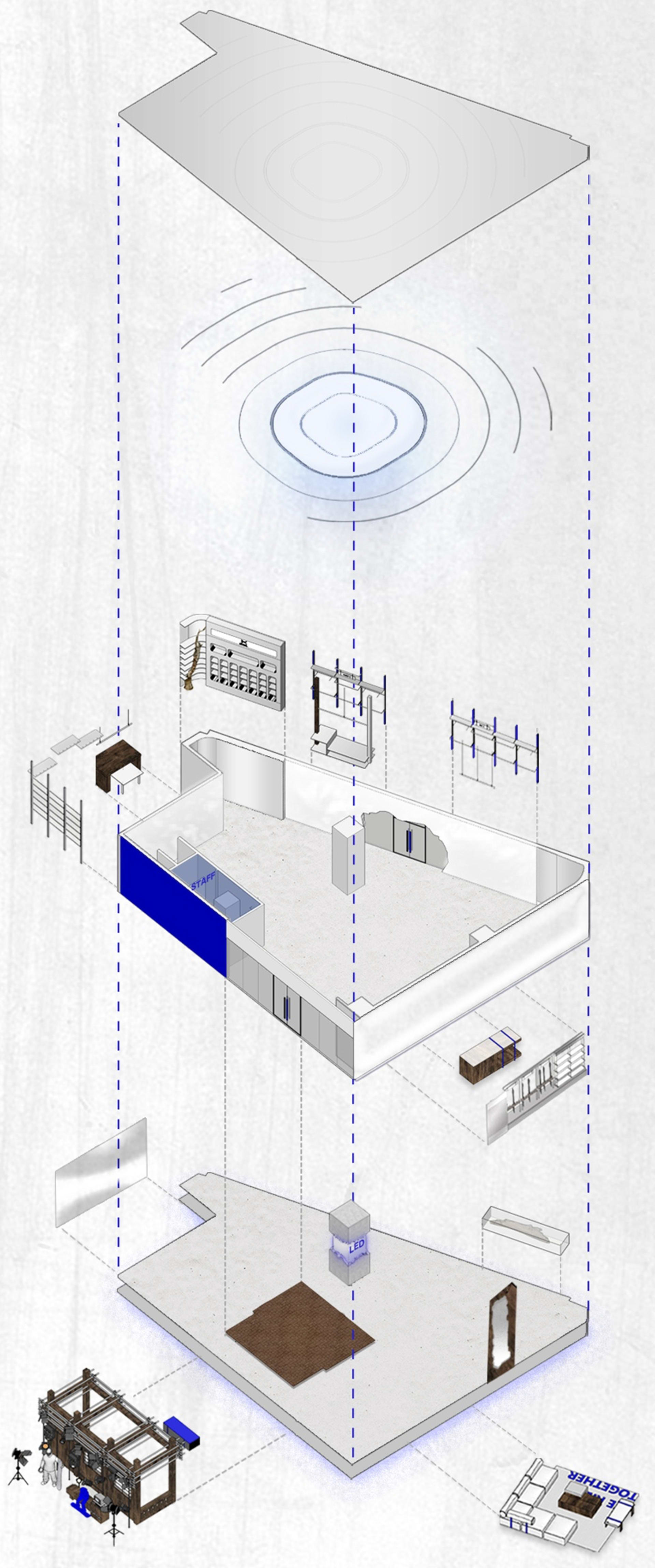 Modern architecture white concrete floor plan featuring glass, wood, and LED light elements