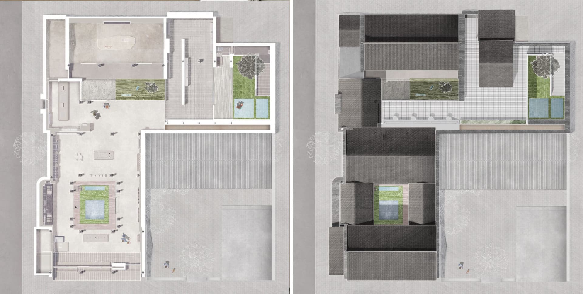 A 2D architectural blueprint of a modern building with concrete materials and spacious areas.