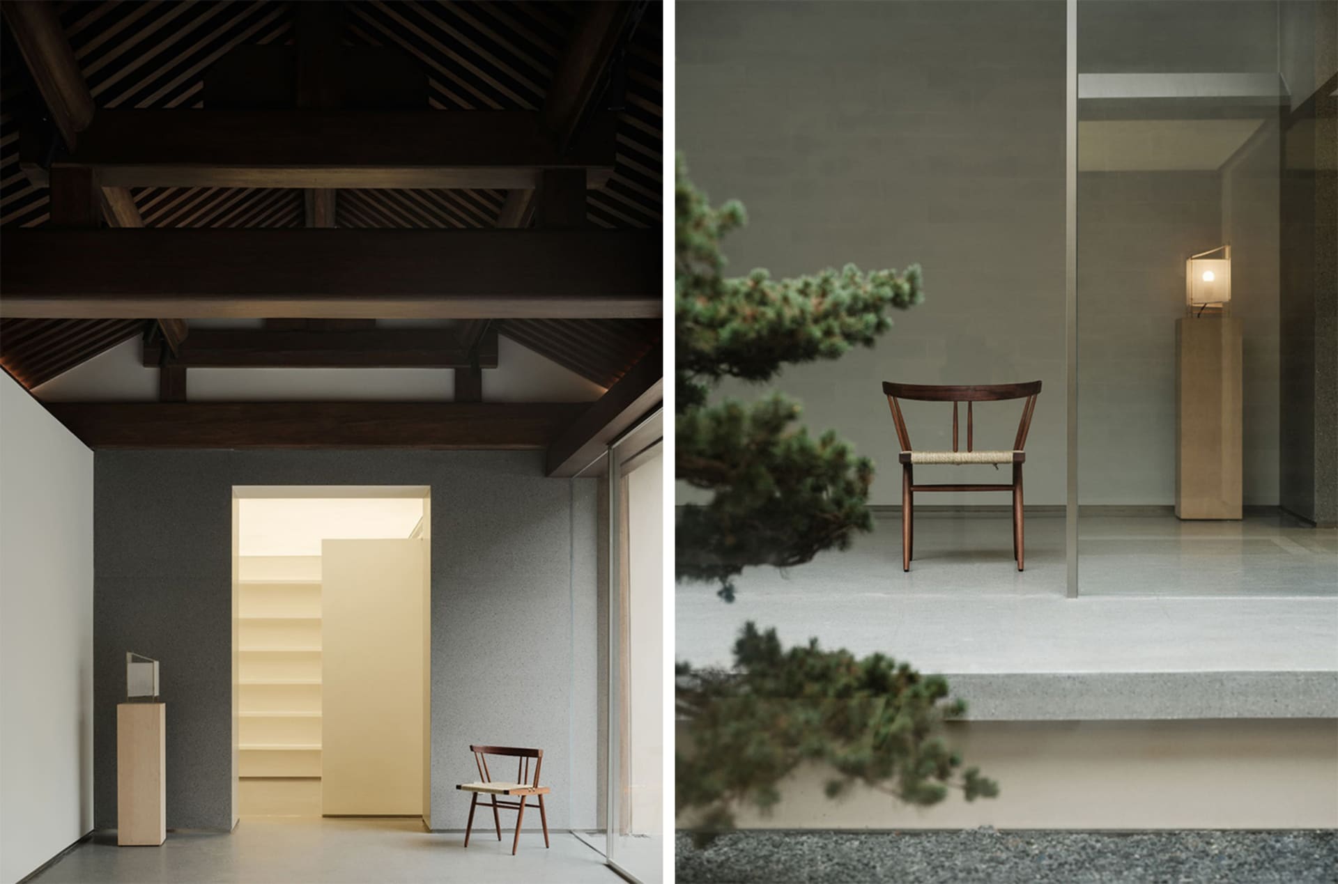 A minimalist interior design featuring simple wooden furniture and a clean, grey palette.