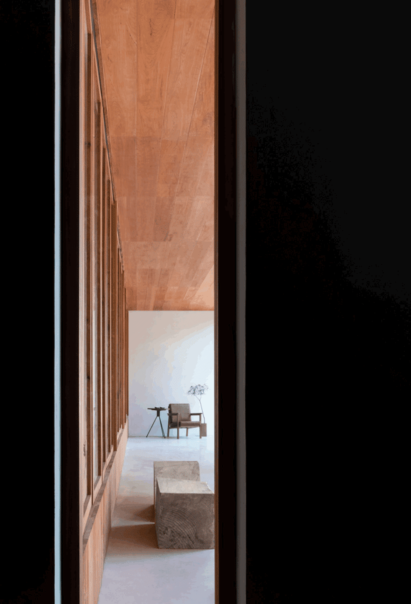 Modern residential hallway featuring a wooden floor and ceiling with dark walls.