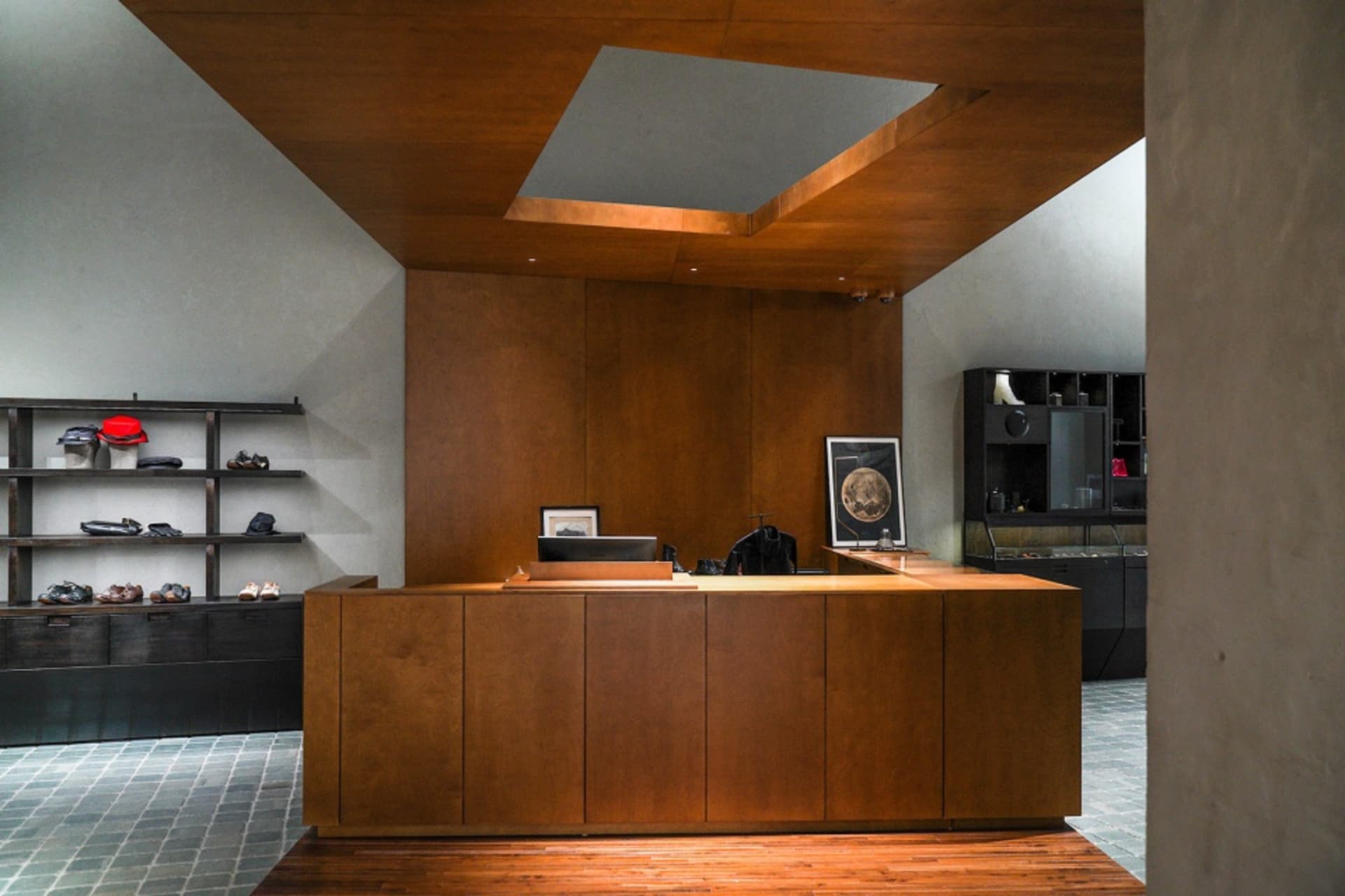 Modern retail shop with concrete, wood, and glass materials