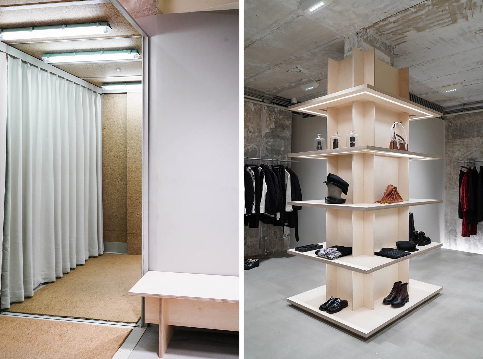 A modern retail space featuring a plywood display structure with illuminated shelves and racks.