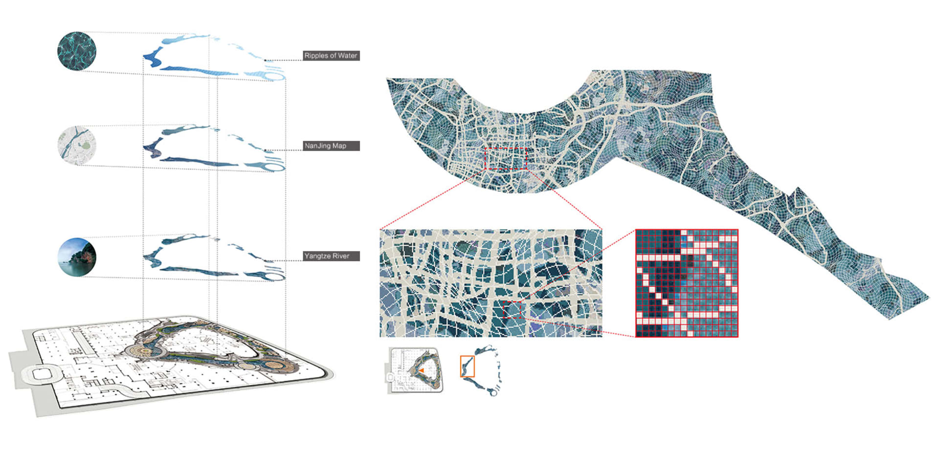 Pixelated pattern of a map of Nanjing city with a detailed street layout.