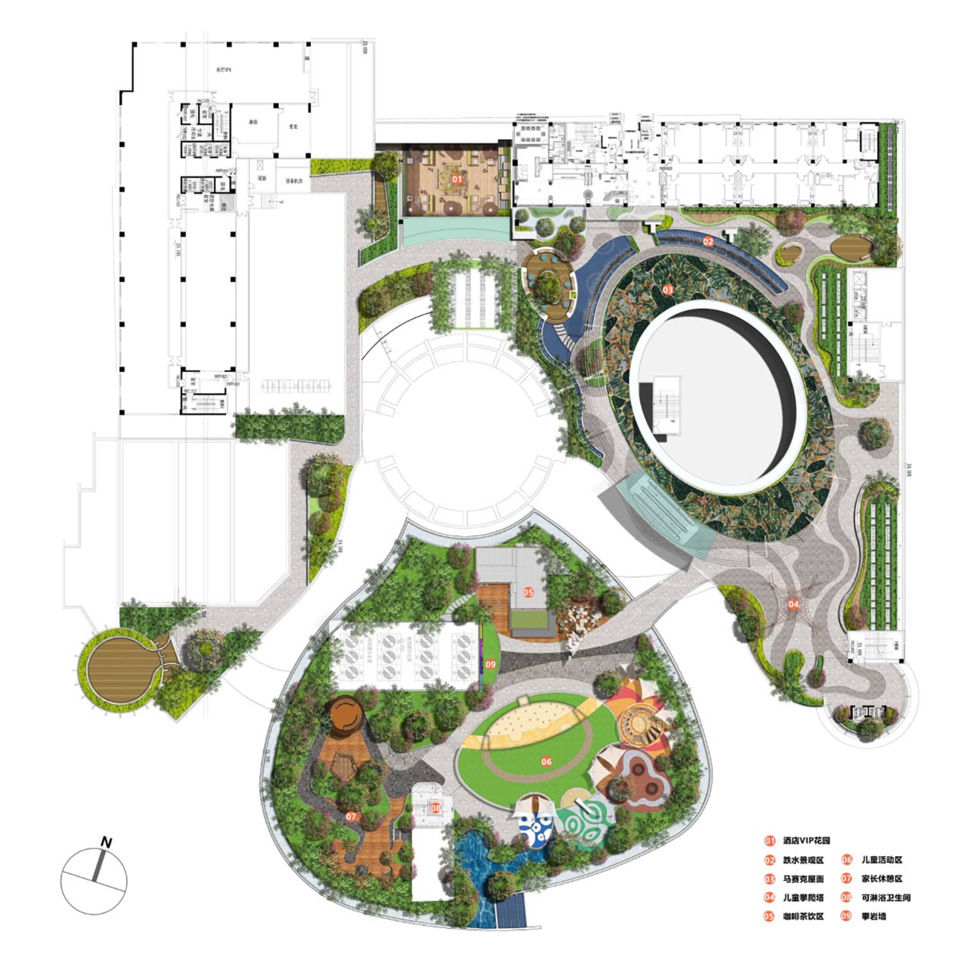 A rendered architectural plan of a green outdoor space with paved areas and water features.