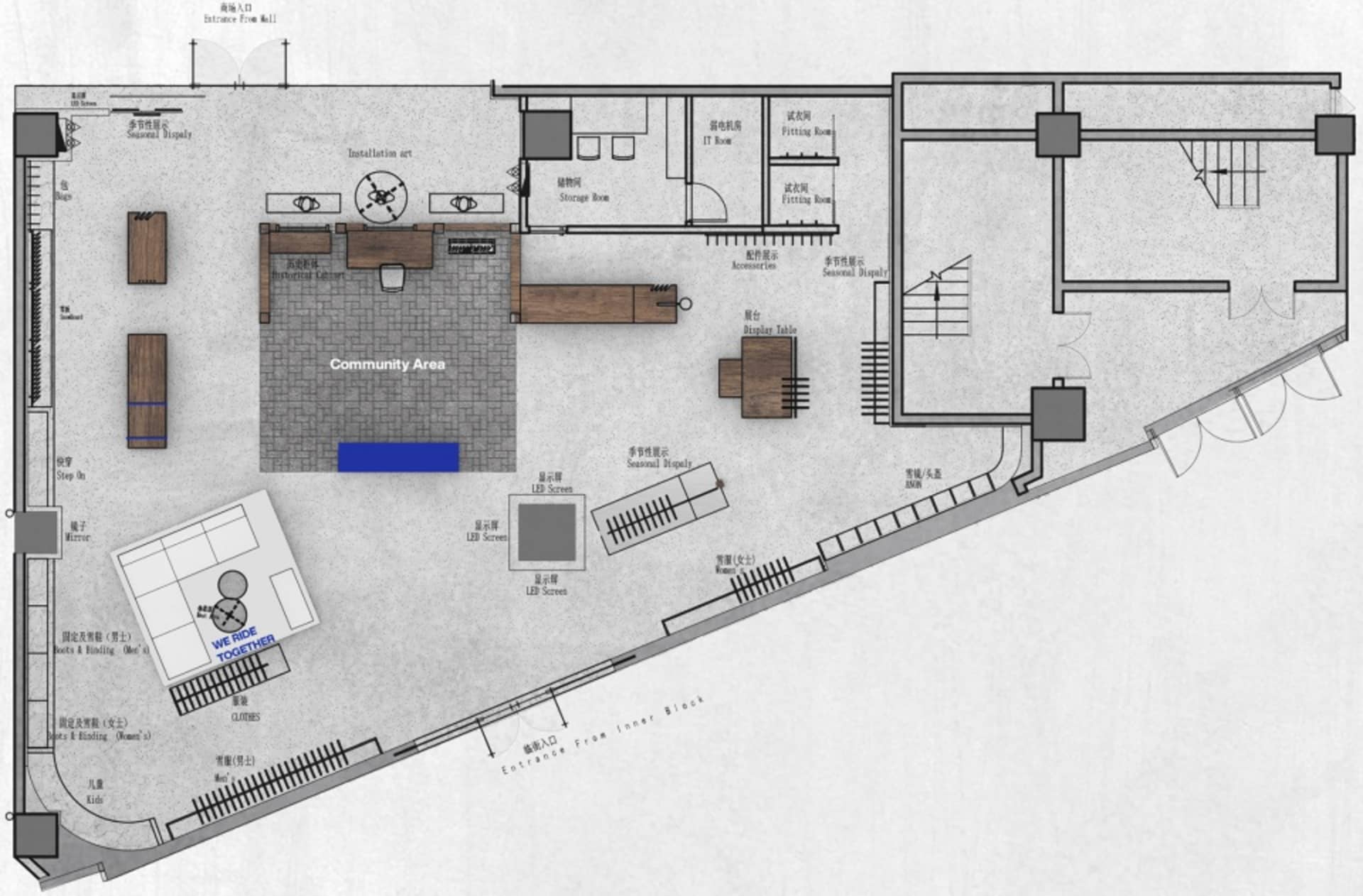 Floor plan of retail store featuring wooden shelving, concrete walls, glass displays, and metallic fixtures.